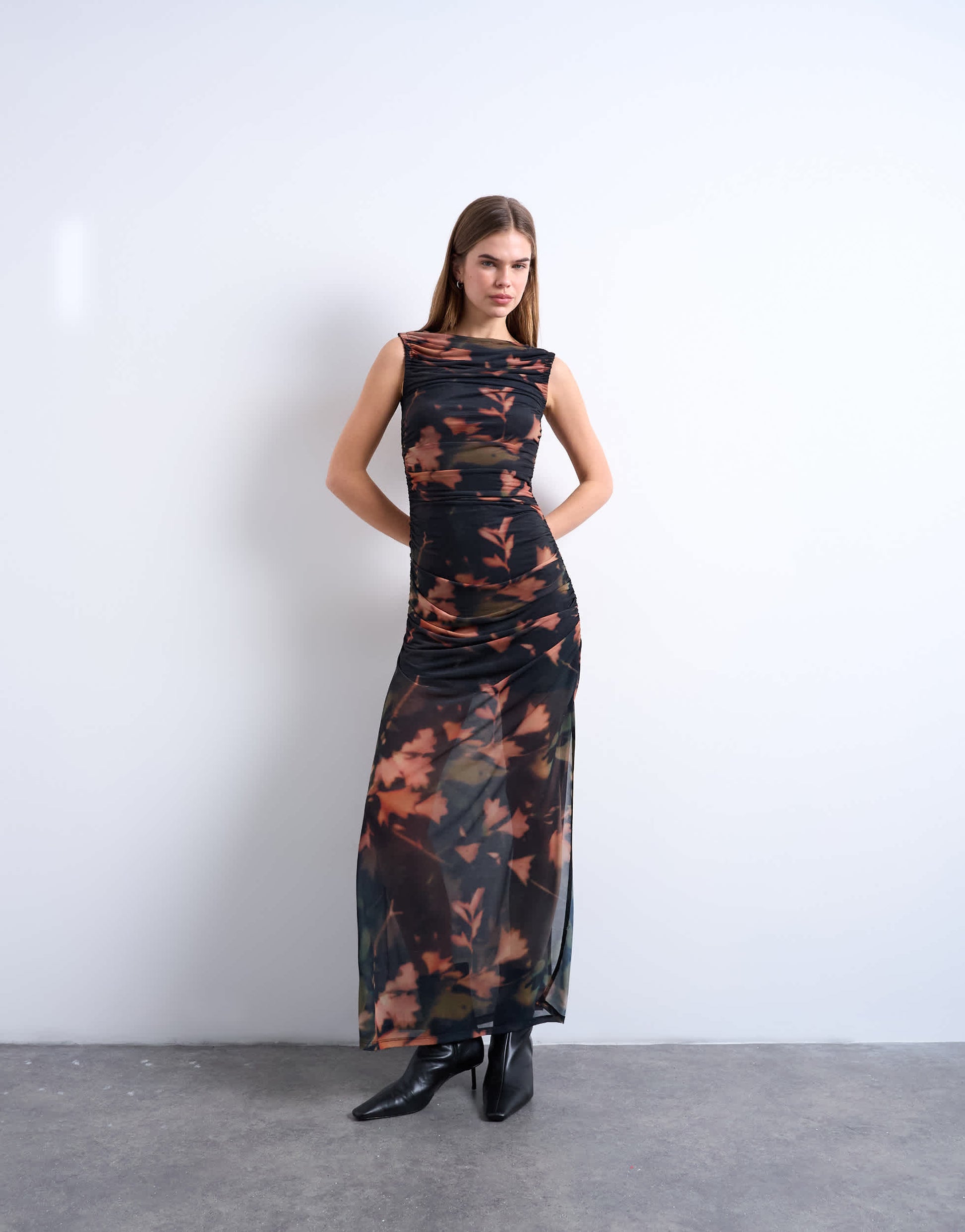 Topshop mesh floral print ruched maxi dress in black