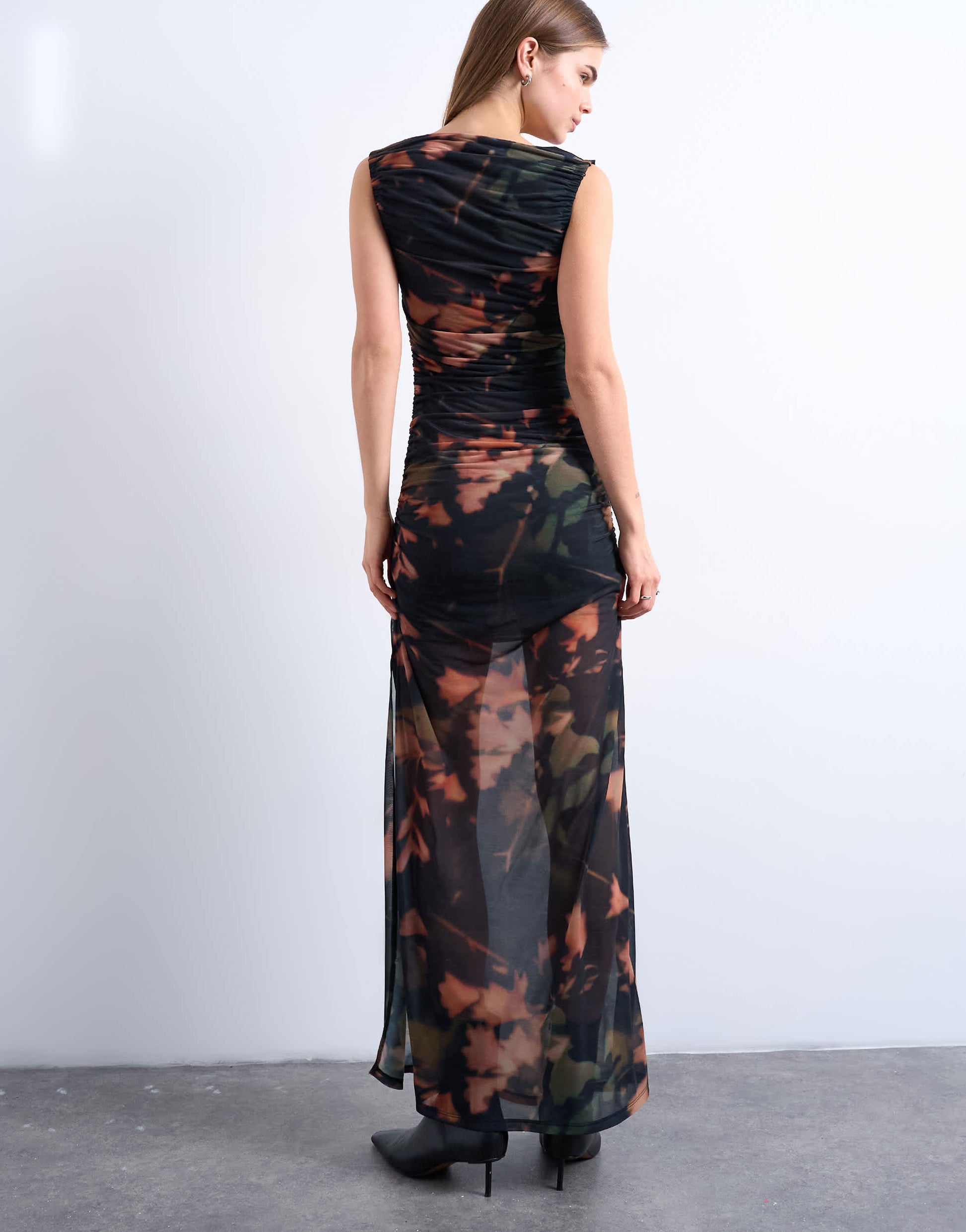 Topshop mesh floral print ruched maxi dress in black