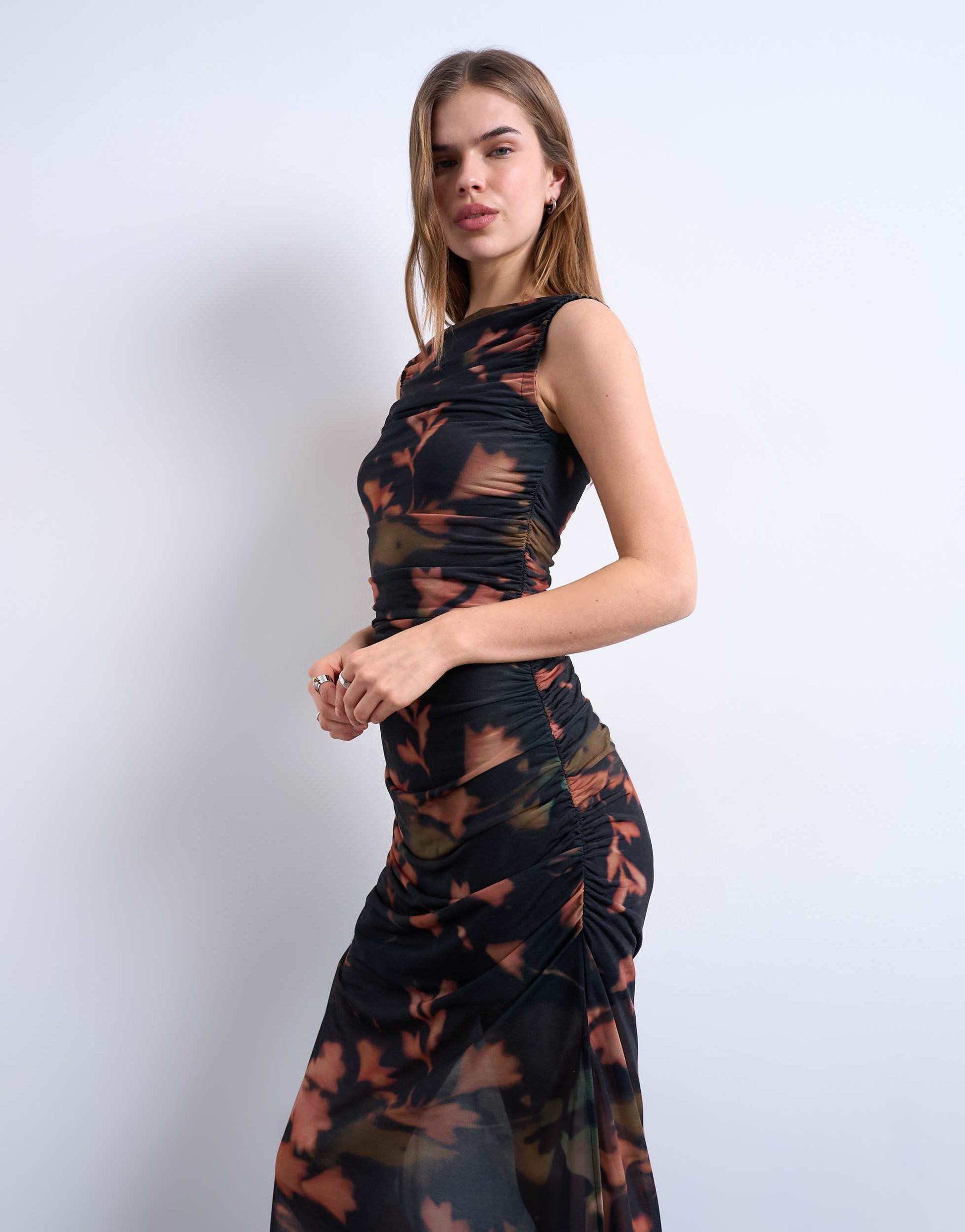 Topshop mesh floral print ruched maxi dress in black