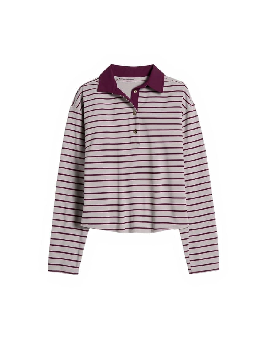 Topshop stripe rugby long sleeve polo top in oat and burgundy