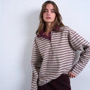Topshop stripe rugby long sleeve polo top in oat and burgundy