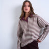 Topshop stripe rugby long sleeve polo top in oat and burgundy