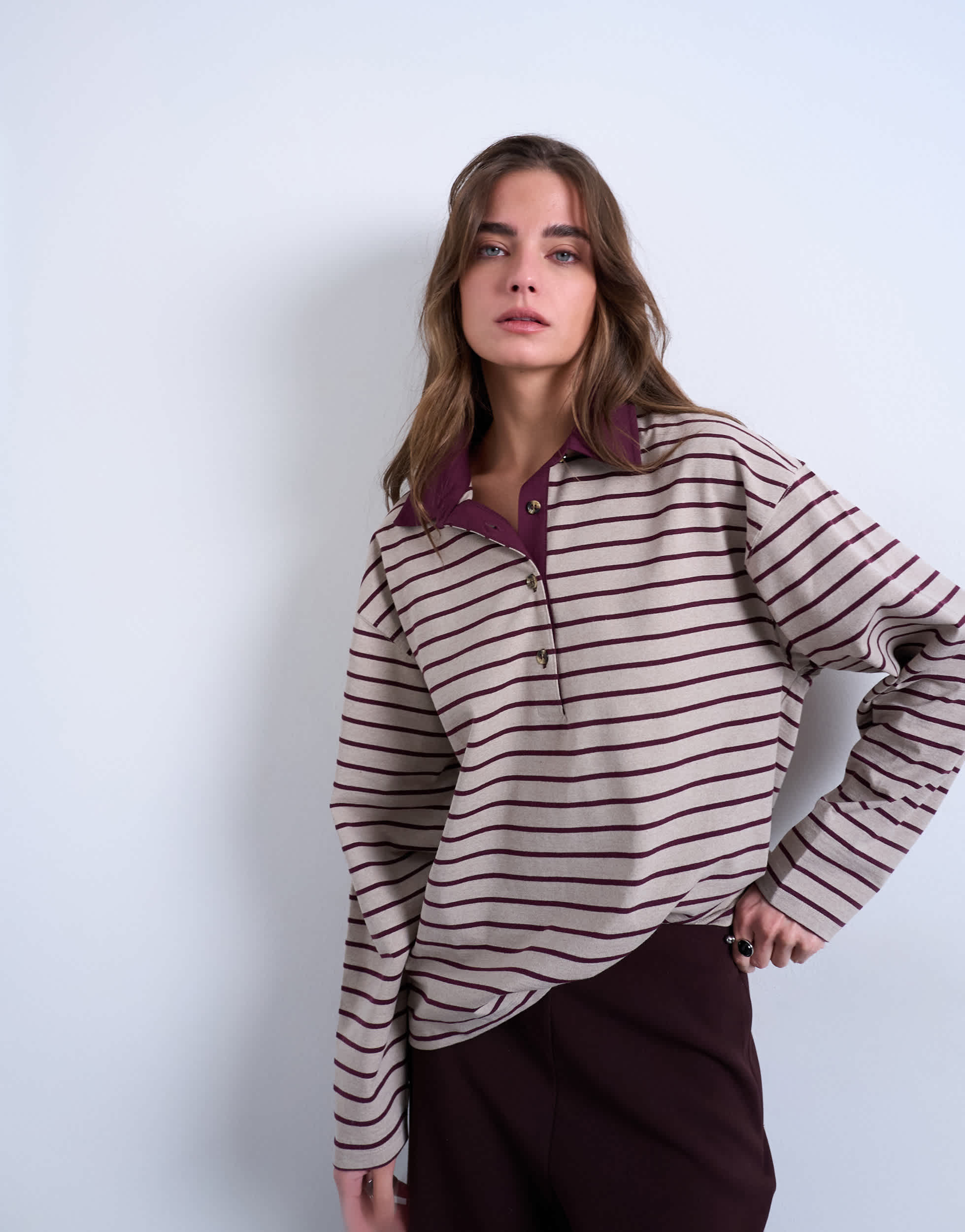 Topshop stripe rugby long sleeve polo top in oat and burgundy