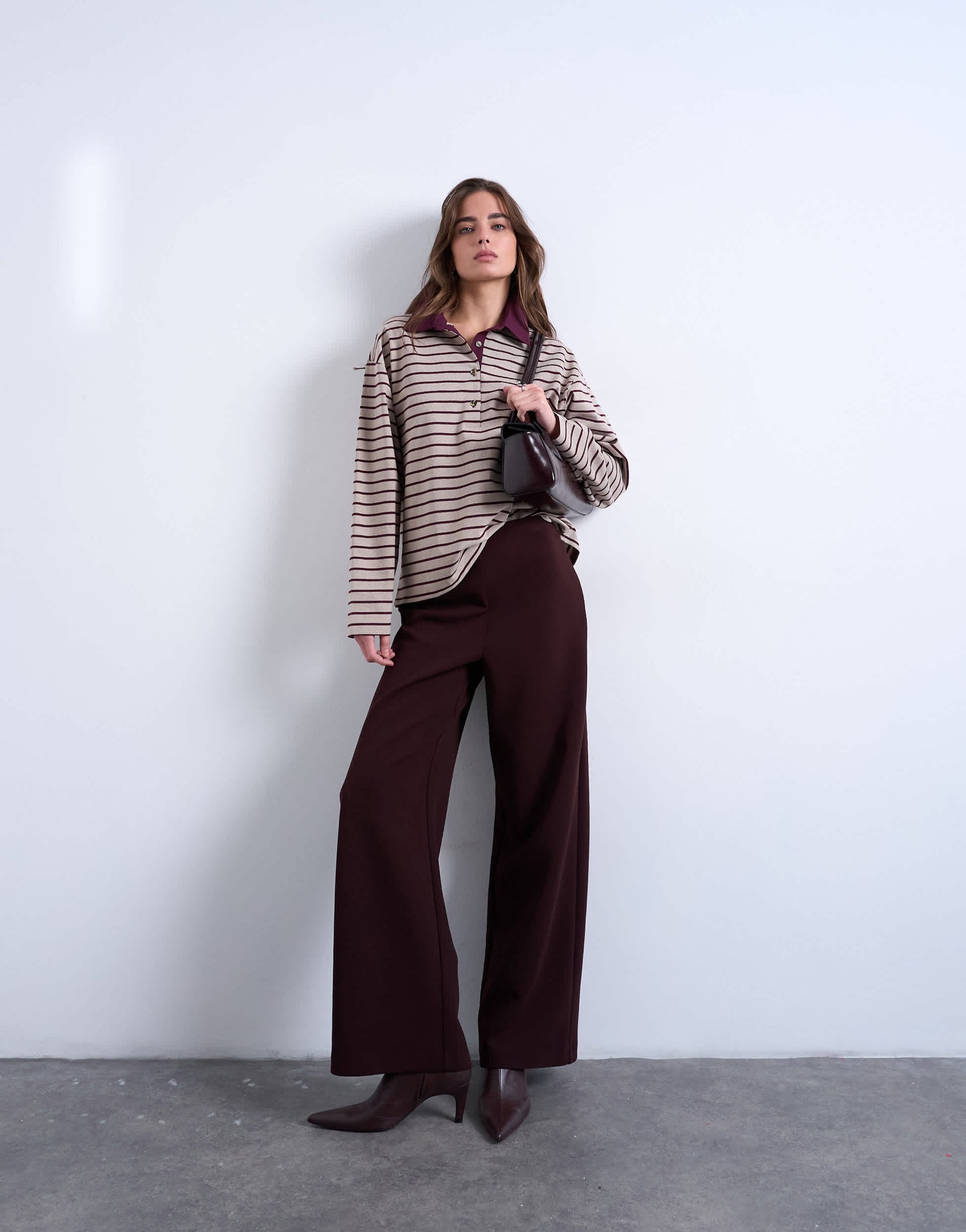 Topshop stripe rugby long sleeve polo top in oat and burgundy