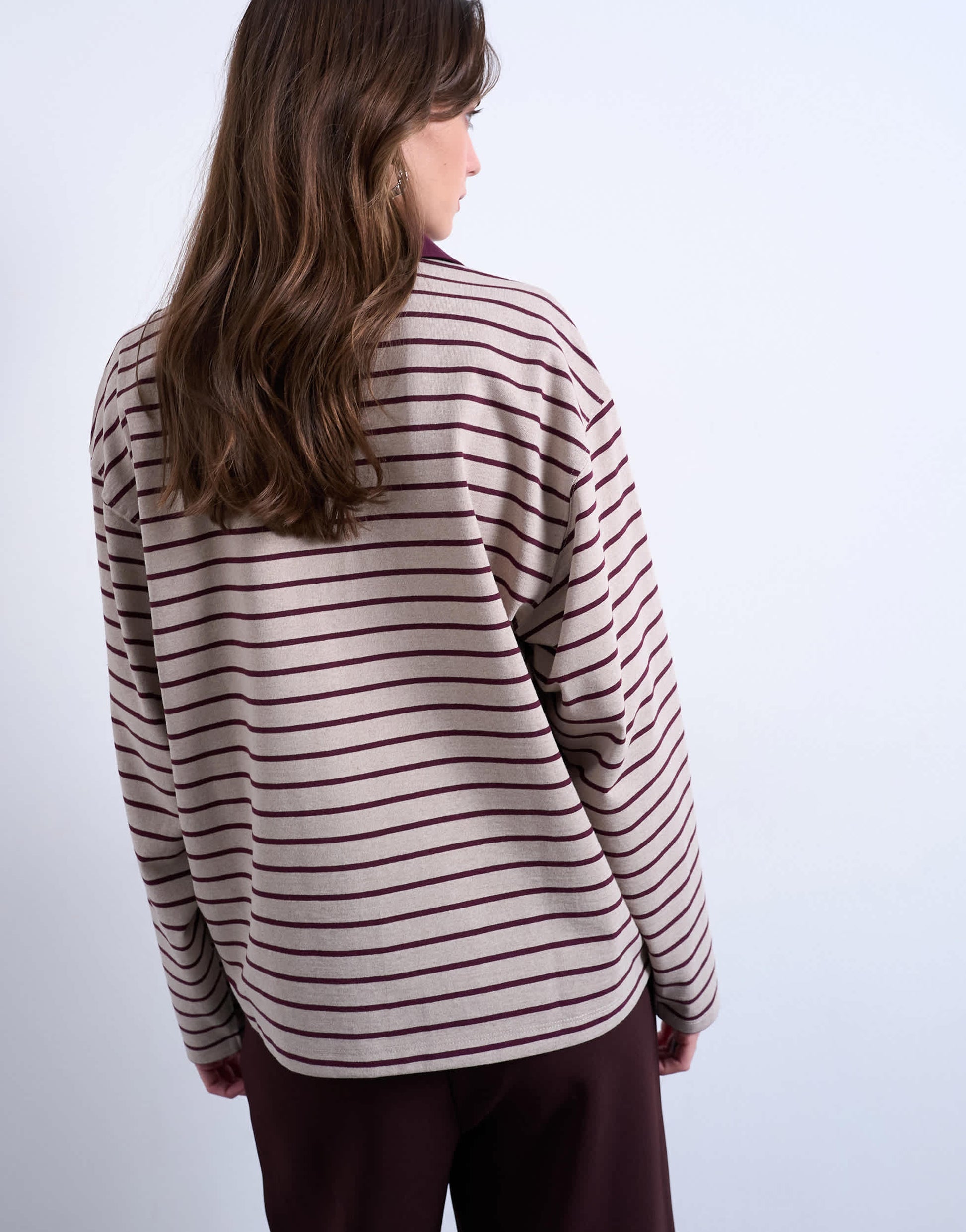 Topshop stripe rugby long sleeve polo top in oat and burgundy