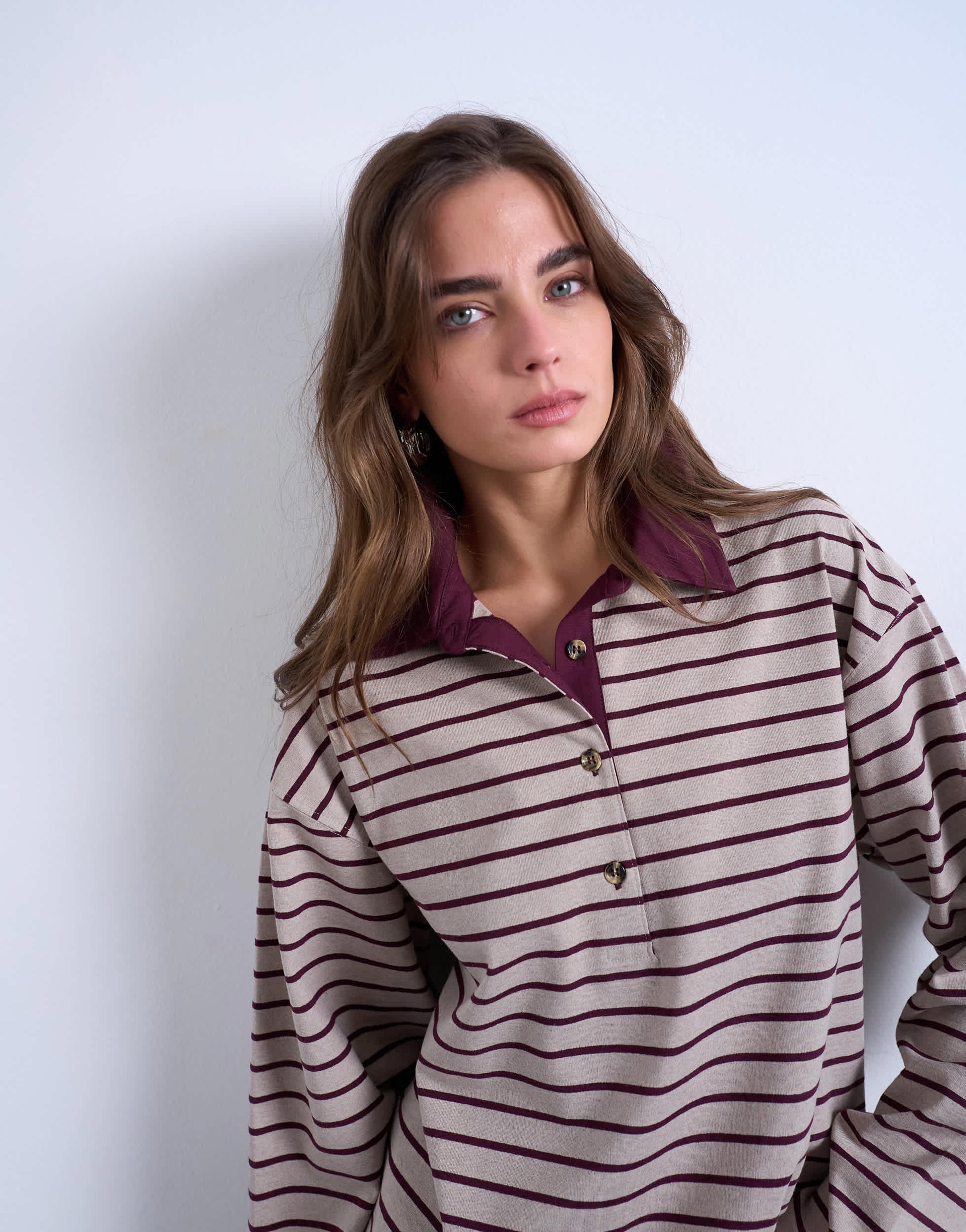 Topshop stripe rugby long sleeve polo top in oat and burgundy