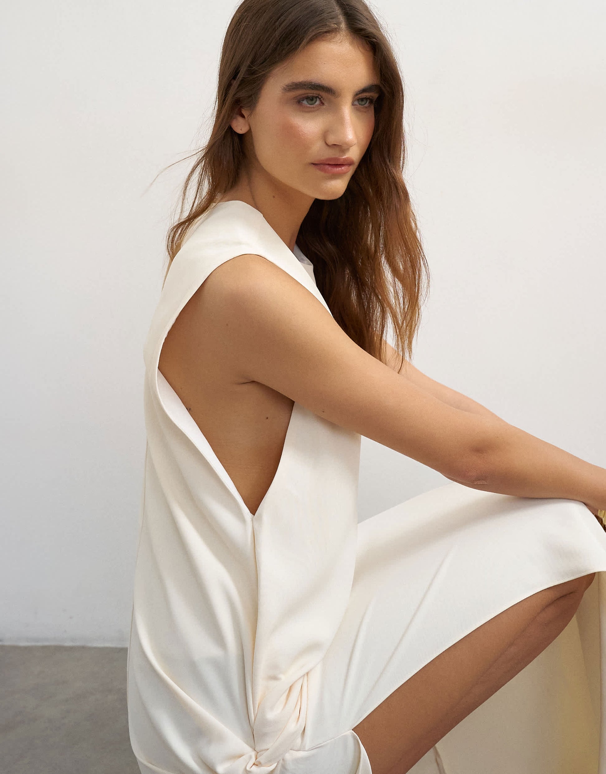 Topshop crepe sleeveless twist side maxi dress in ecru