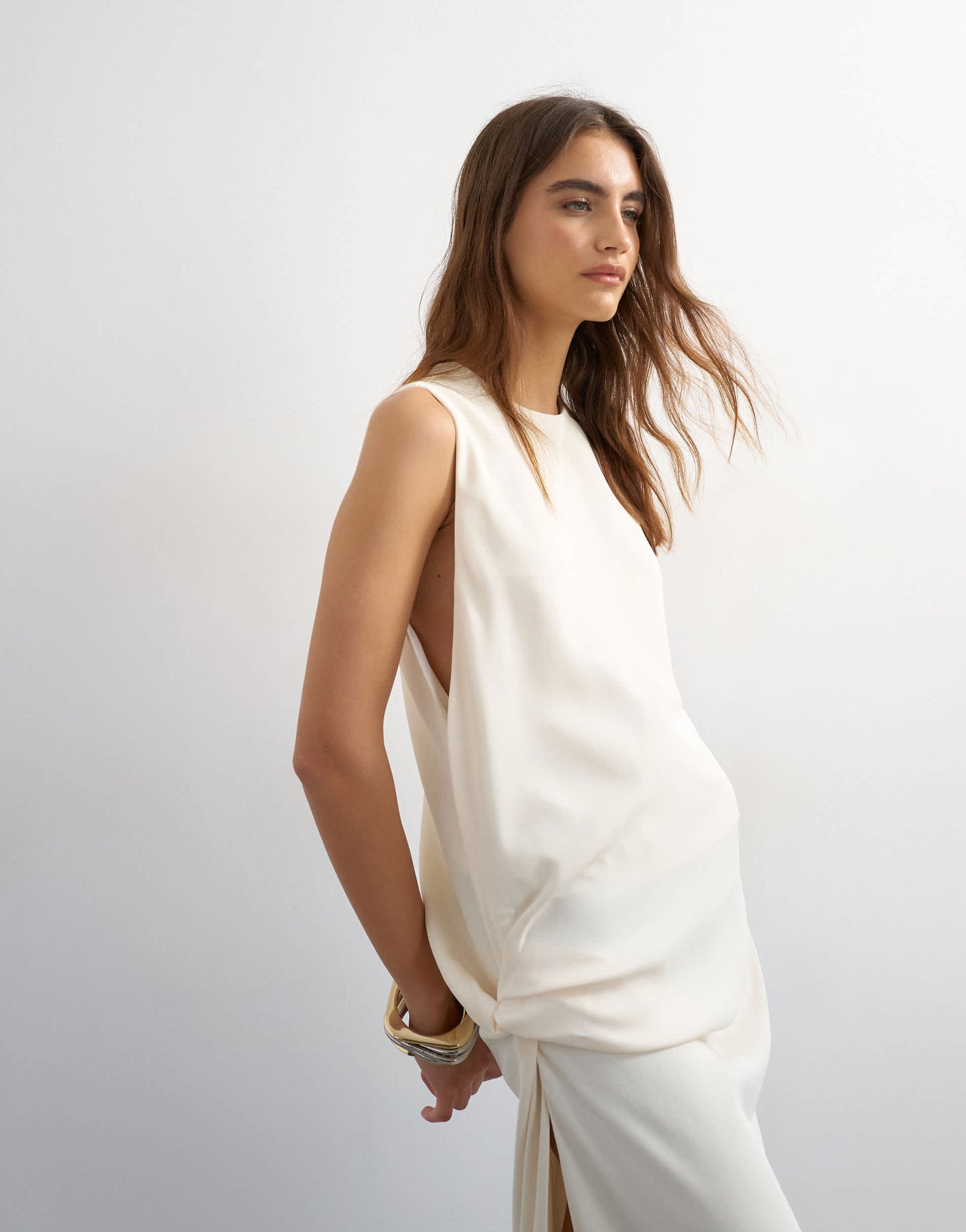 Topshop crepe sleeveless twist side maxi dress in ecru