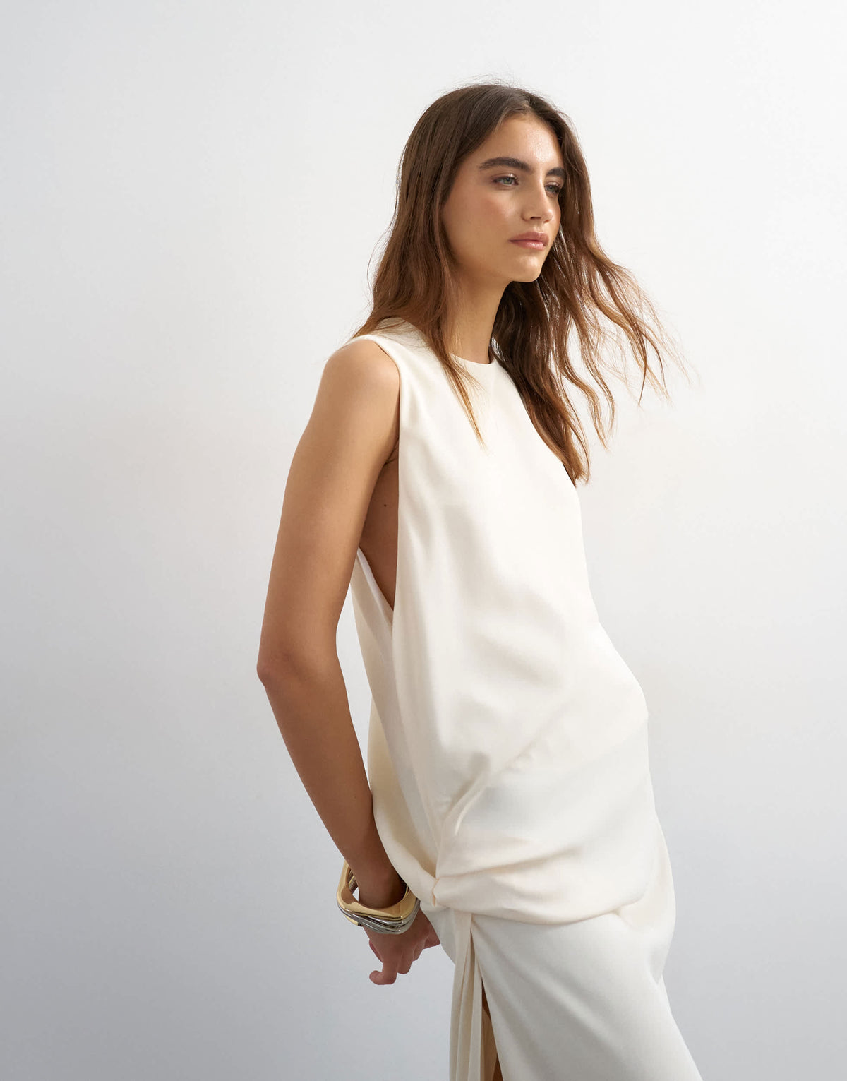 Topshop crepe sleeveless twist side maxi dress in ecru