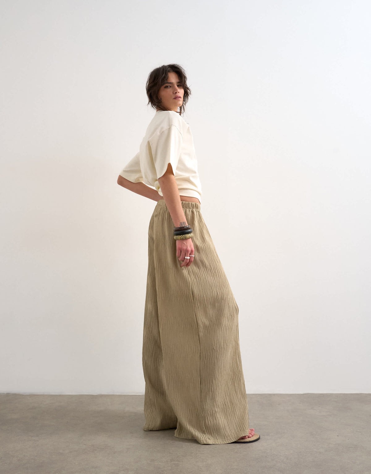 Topshop plisse straight leg trouser in beige