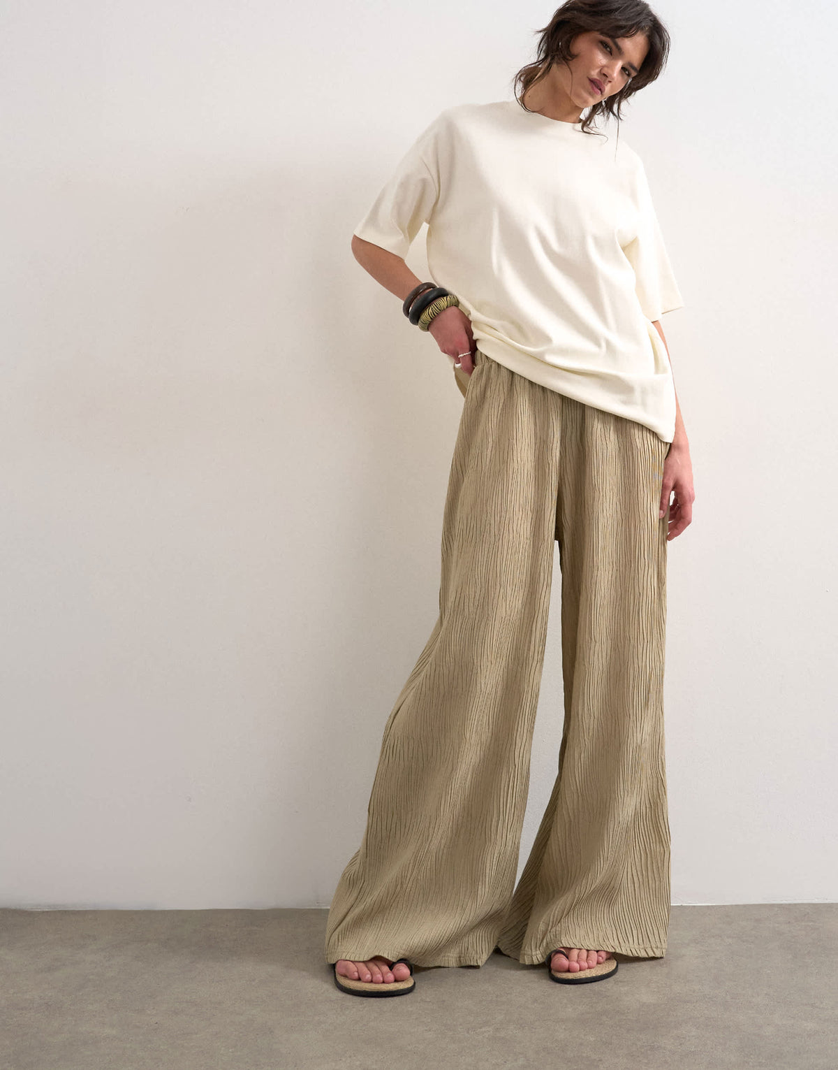 Topshop plisse straight leg trouser in beige