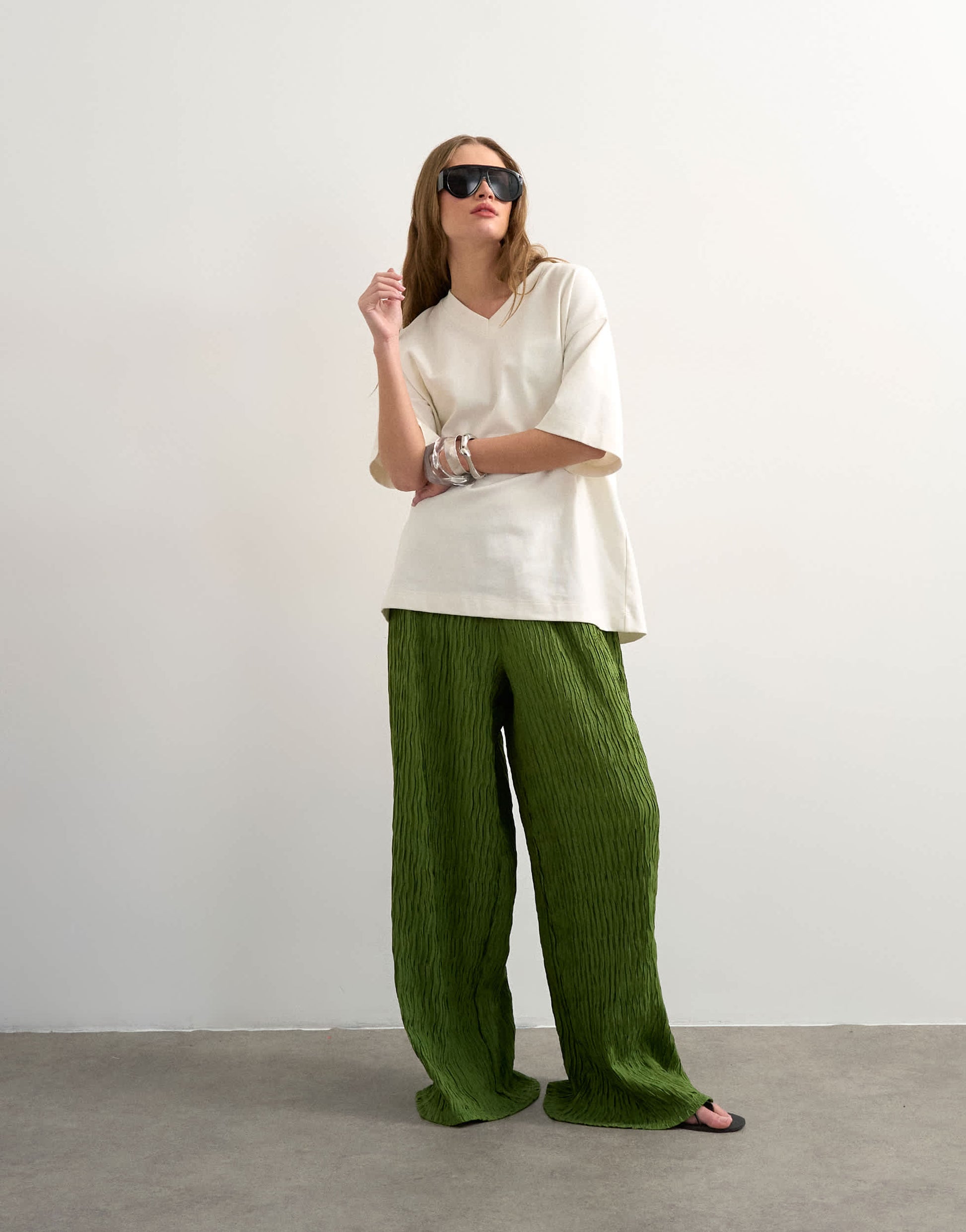 Topshop plisse straight leg trouser in green