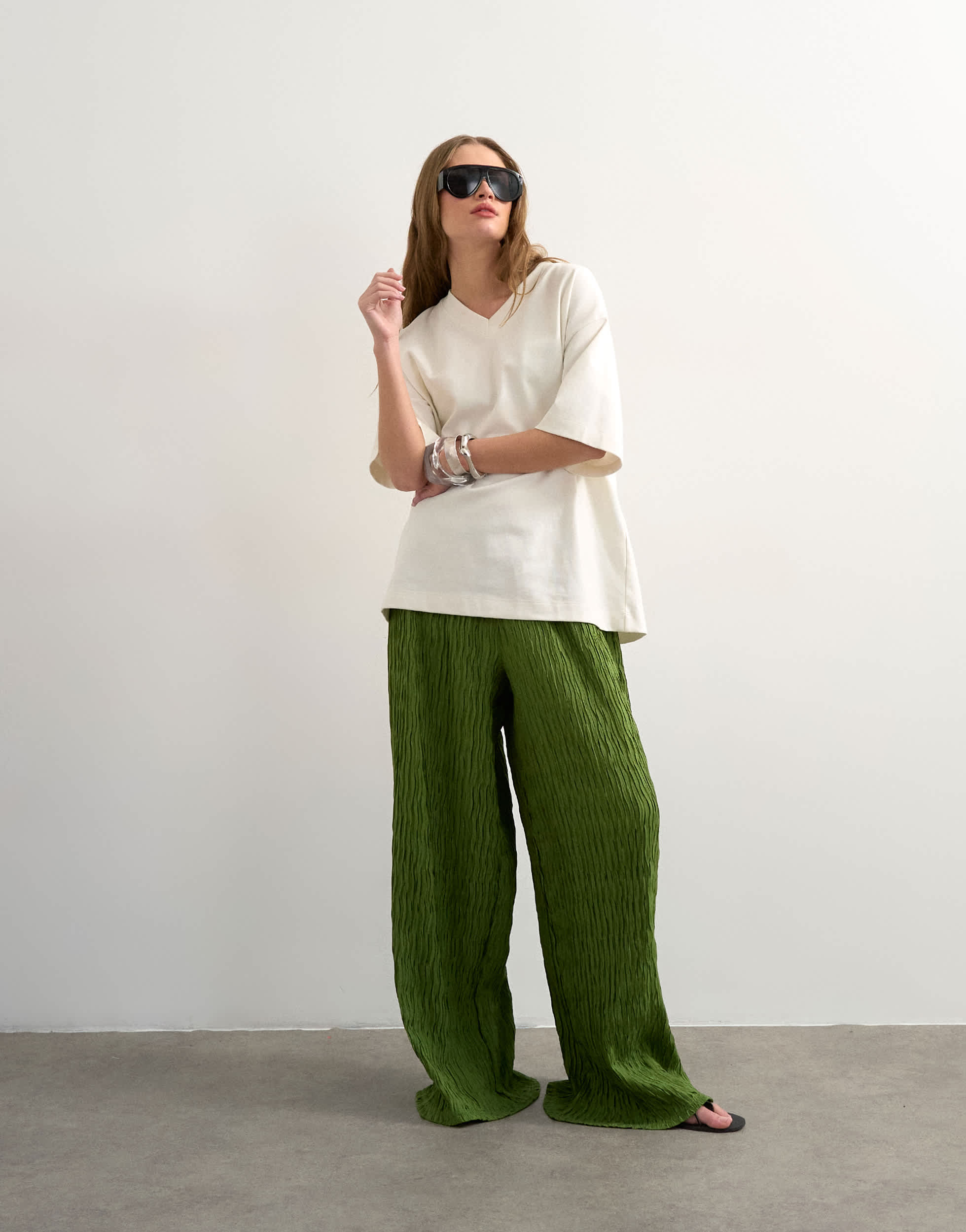 Topshop plisse straight leg trouser in green