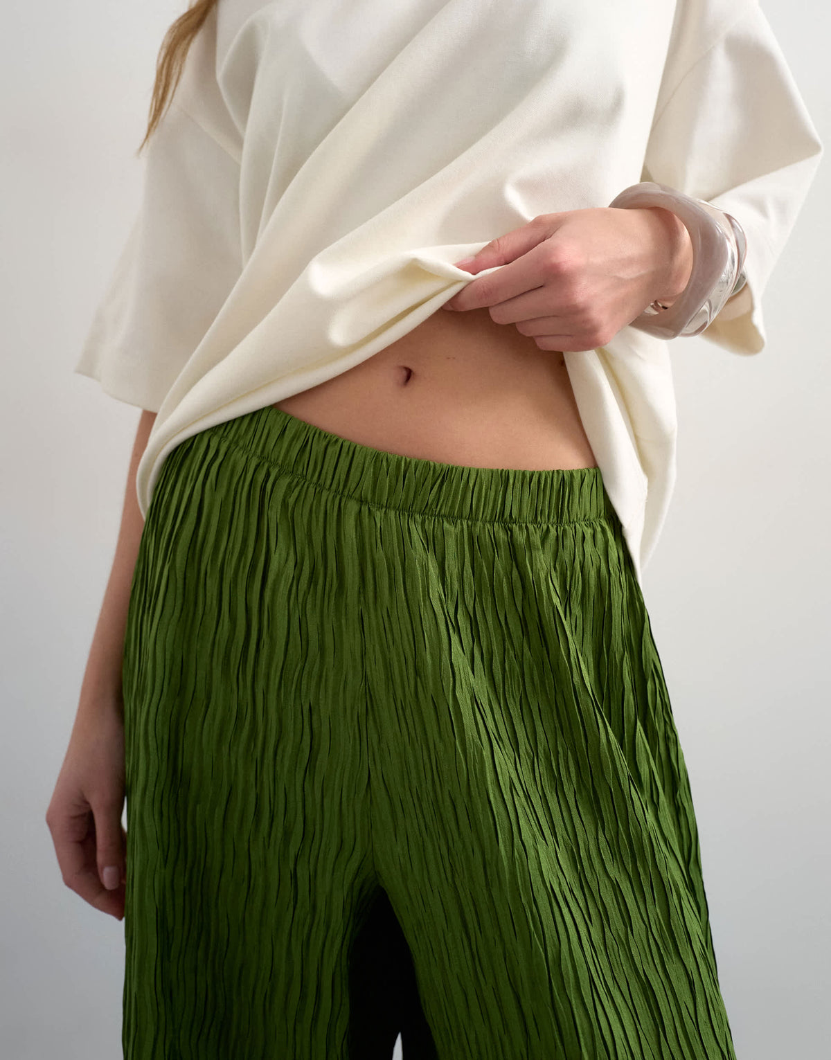 Topshop plisse straight leg trouser in green