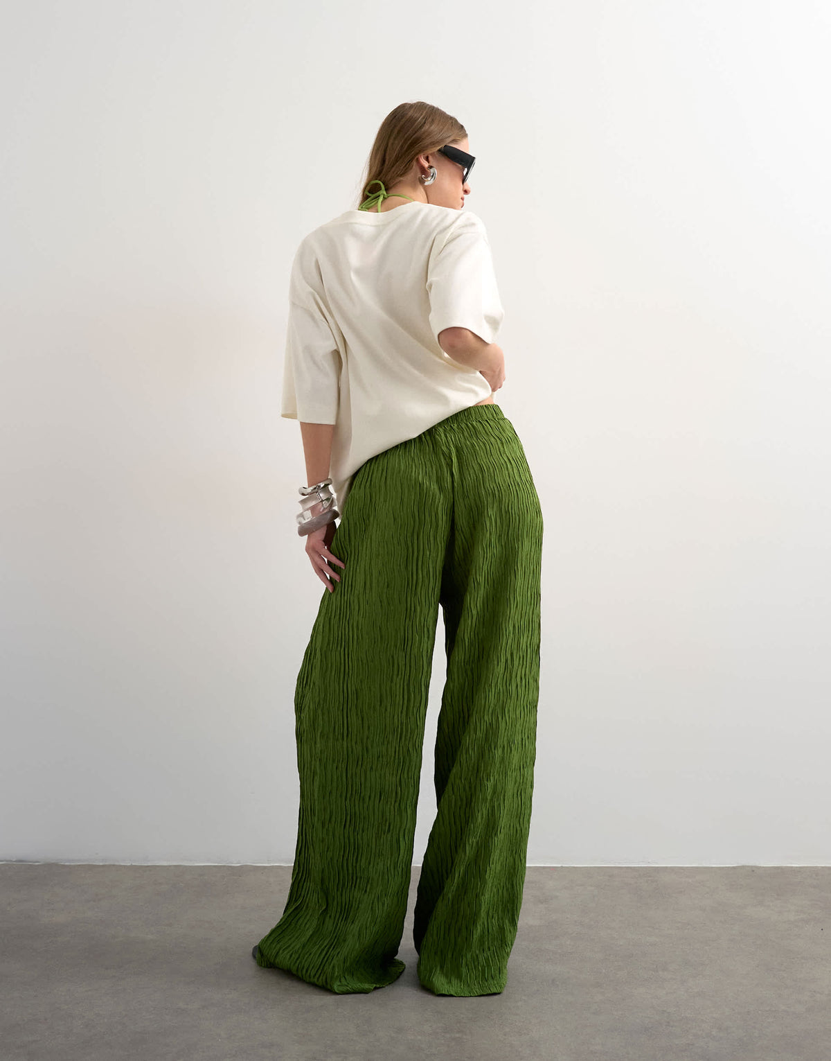 Topshop plisse straight leg trouser in green