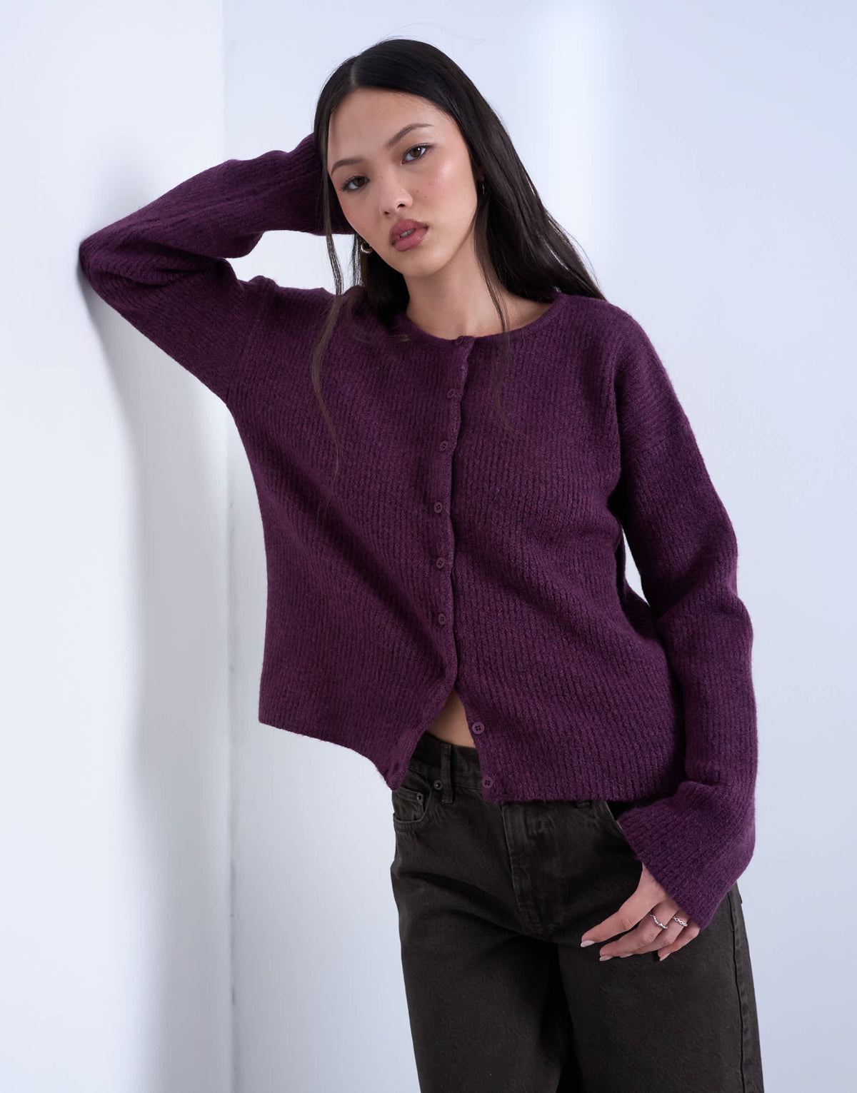 Topshop knitted easy ribbed relaxed cardigan in plum