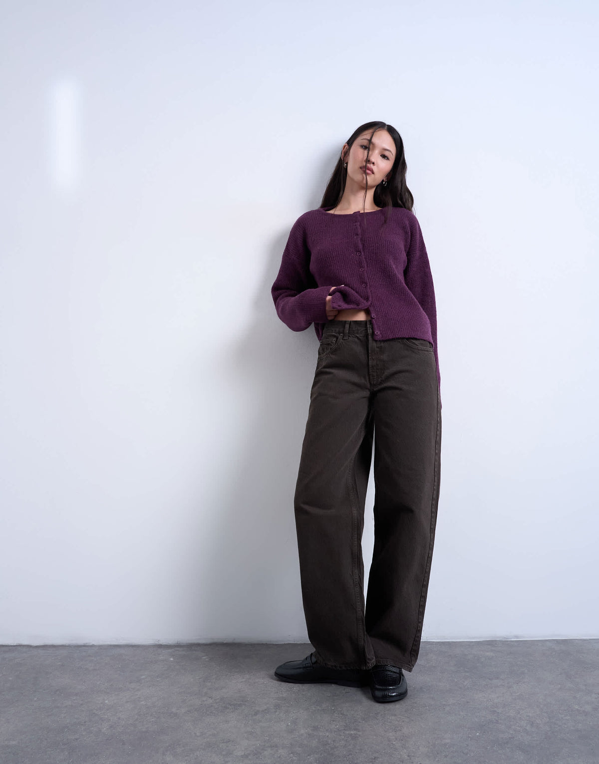 Topshop knitted easy ribbed relaxed cardigan in plum