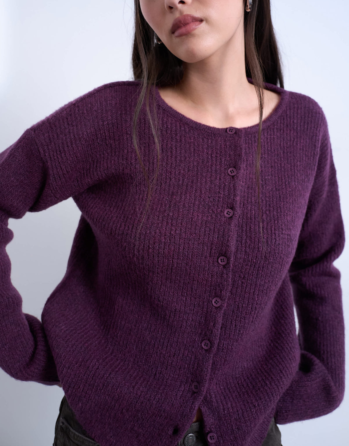 Topshop knitted easy ribbed relaxed cardigan in plum