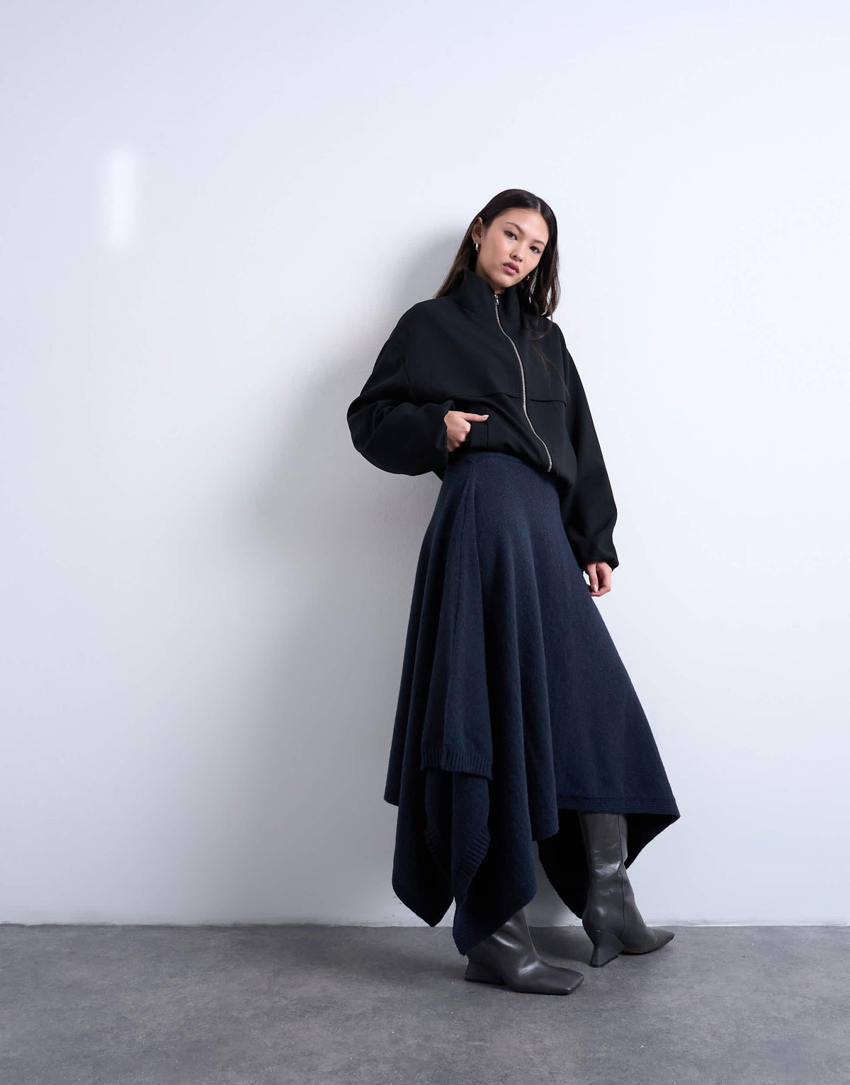 Topshop knitted draped skirt in navy