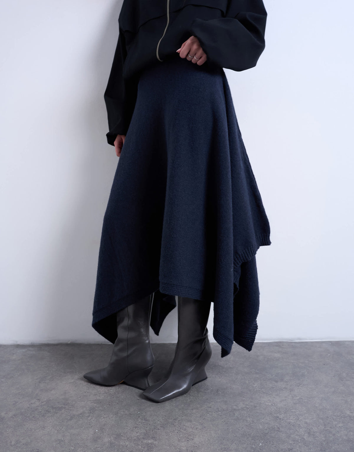 Topshop knitted draped skirt in navy