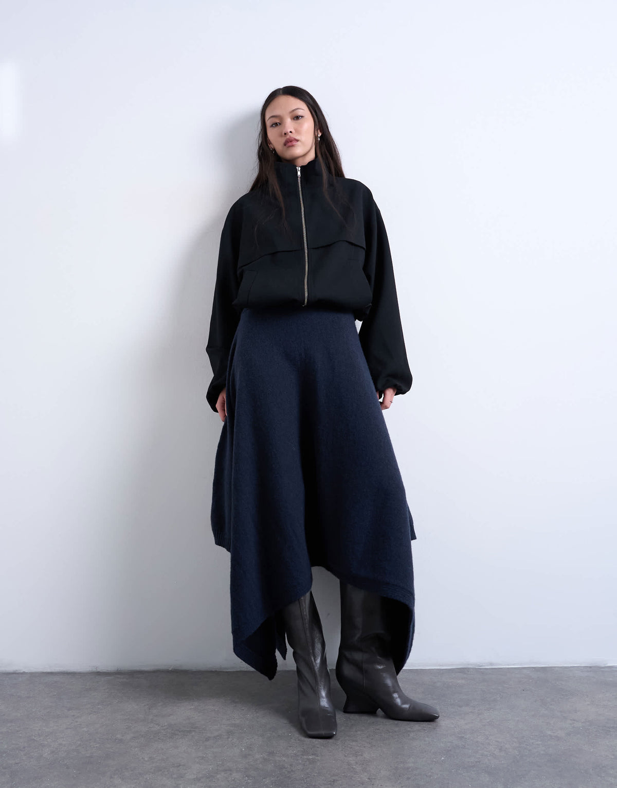 Topshop knitted draped skirt in navy