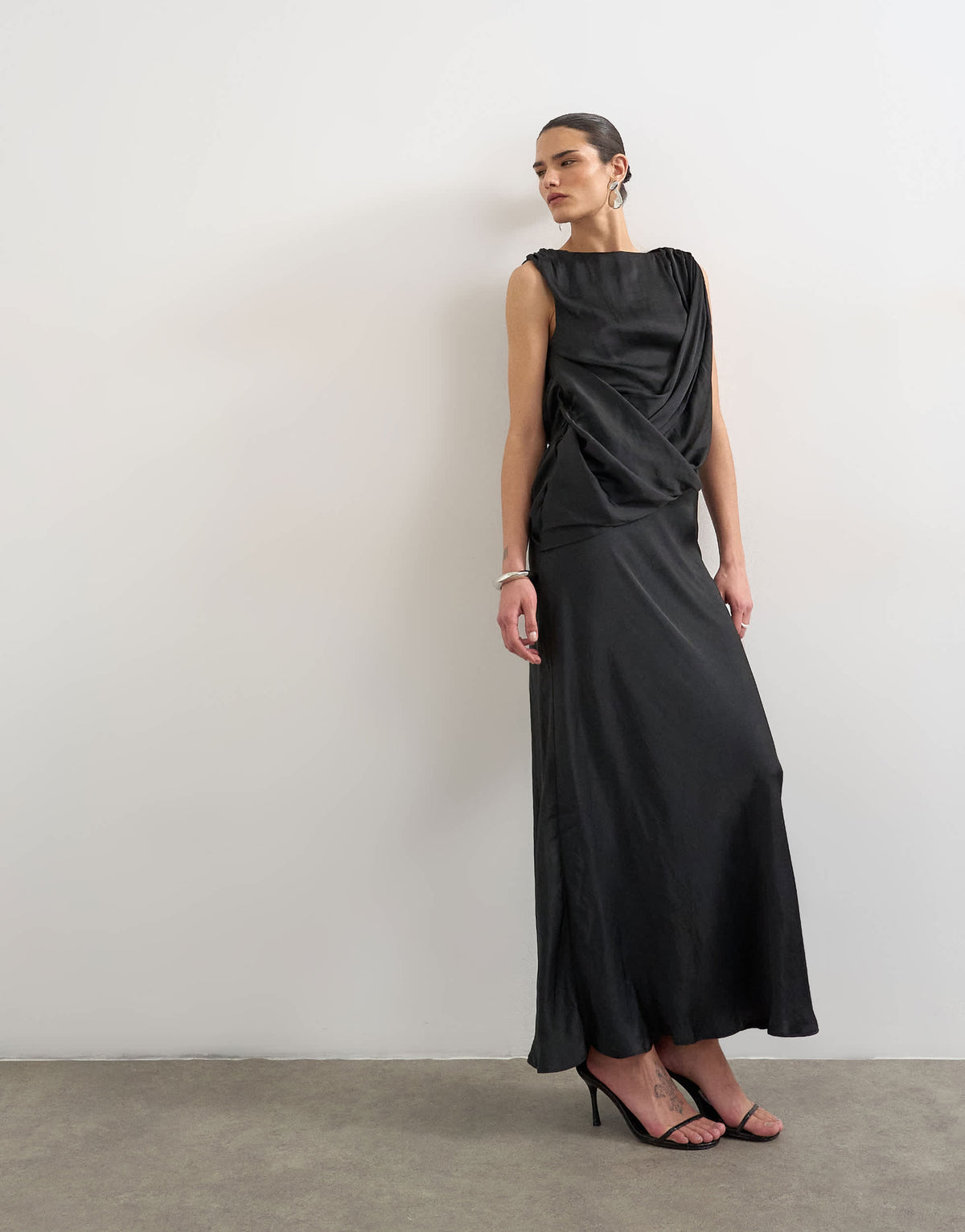 Topshop satin slash neck draped cowl front maxi in black