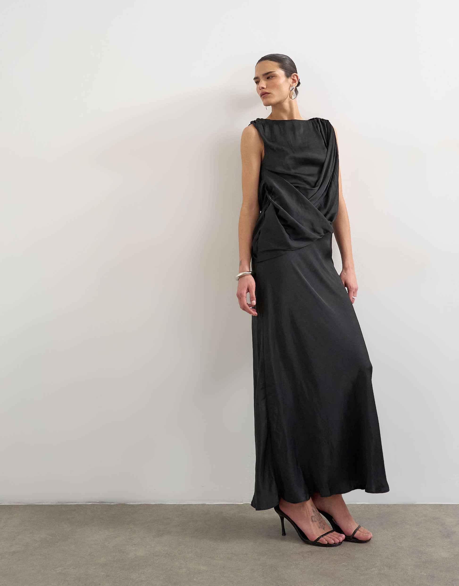 Topshop satin slash neck draped cowl front maxi in black