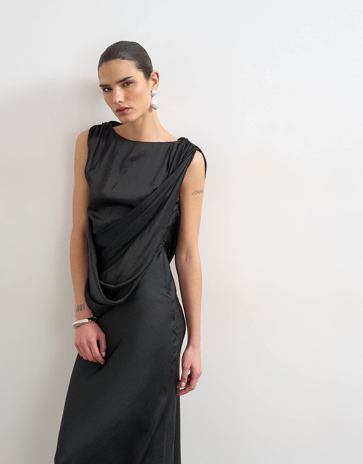 Topshop satin slash neck draped cowl front maxi in black