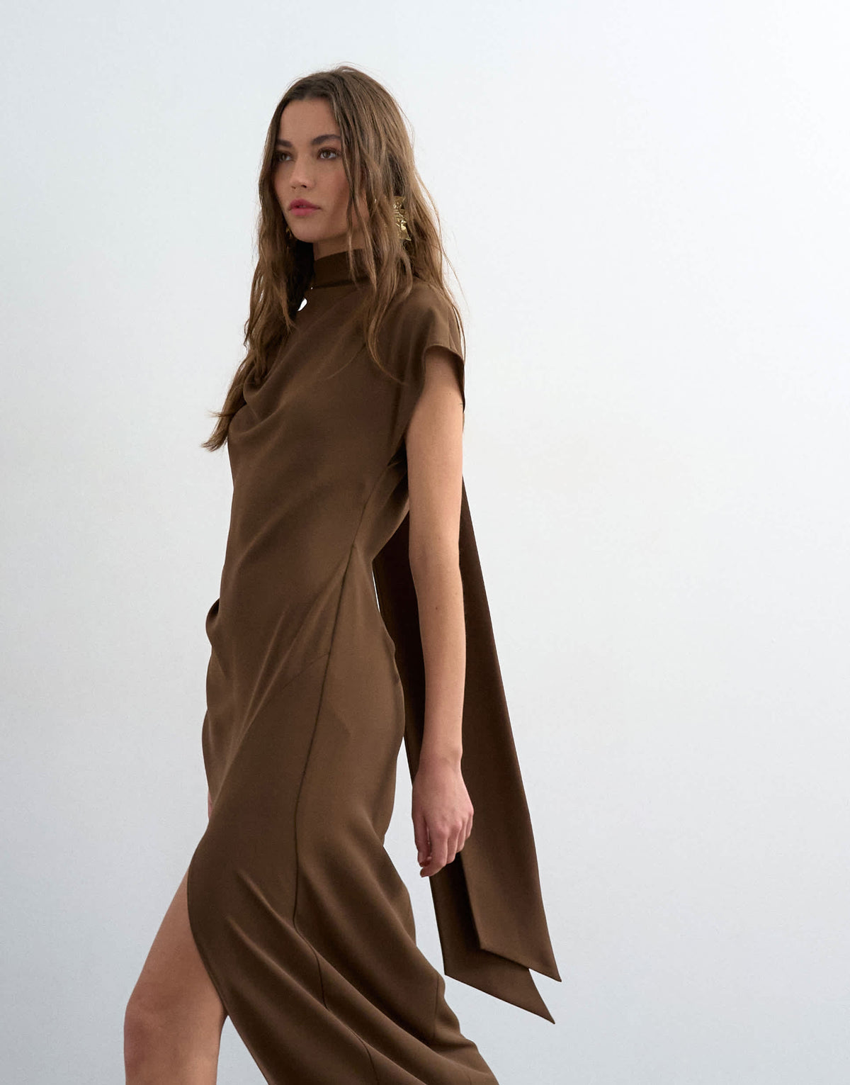 Topshop heavy crepe maxi dress with scarf detail in chocolate