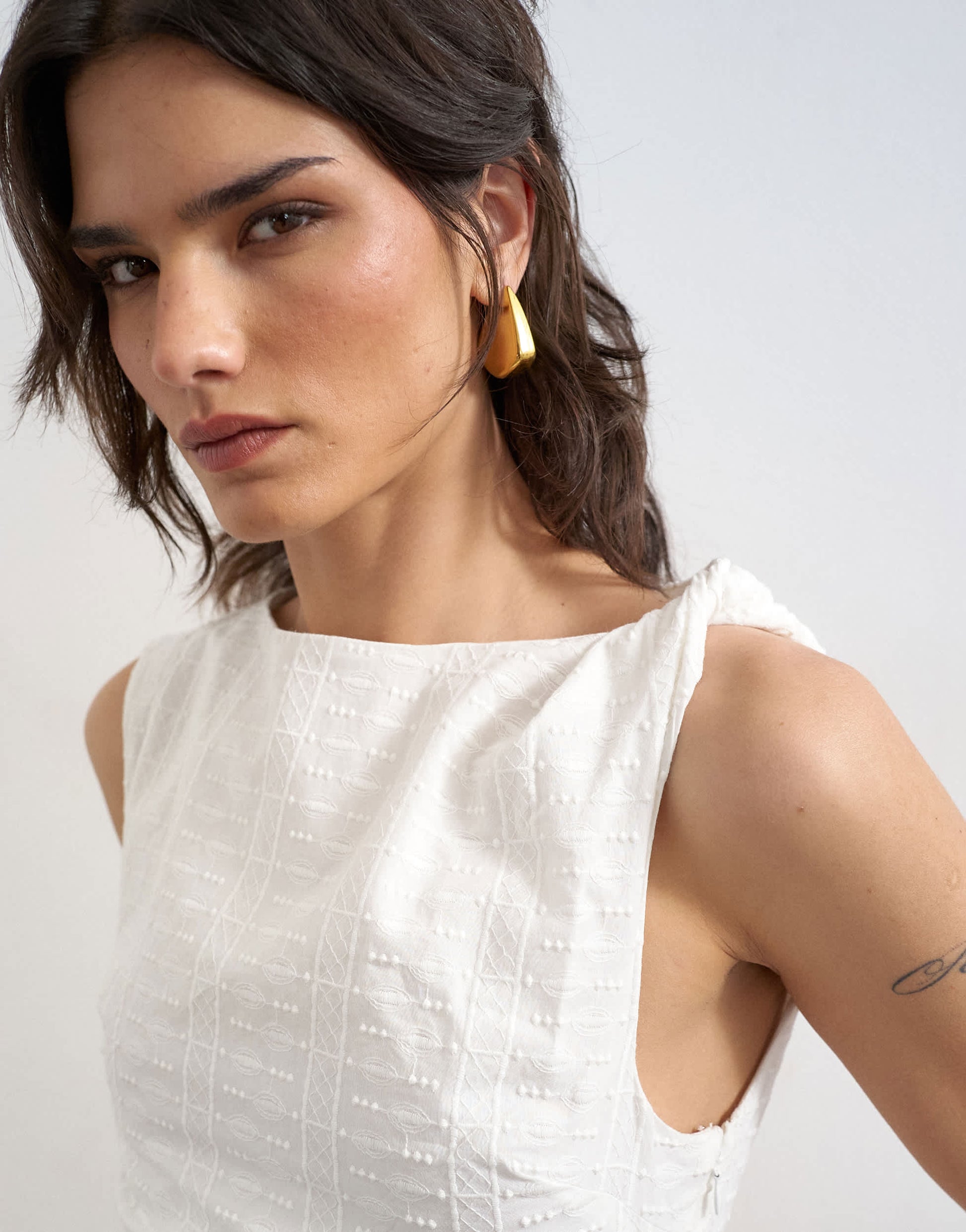 Topshop broderie twist shoulder mini dress in white