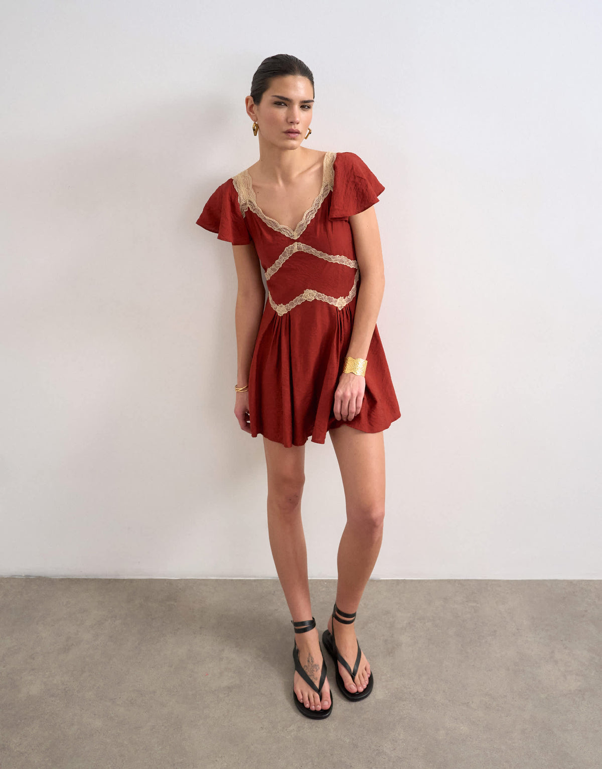 Topshop flutter sleeve mini tea dress with lace inserts in rust