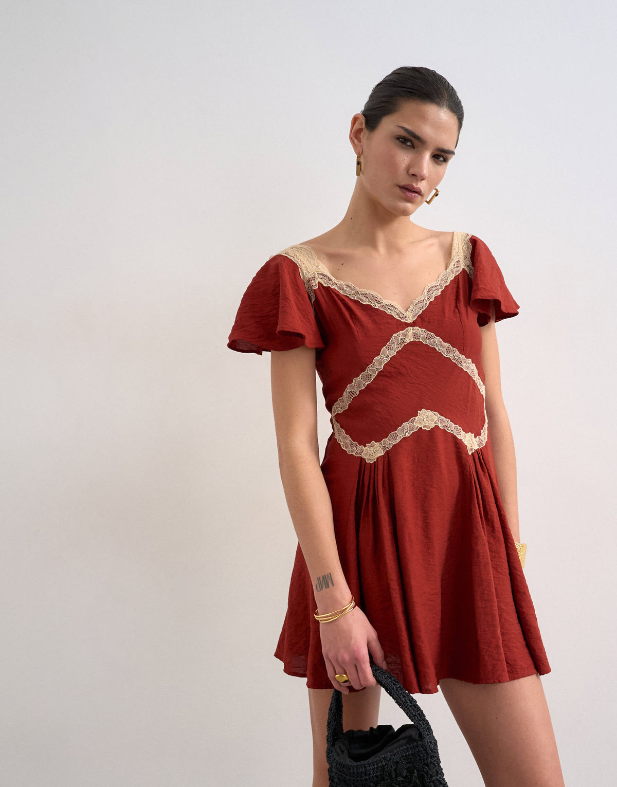 Topshop flutter sleeve mini tea dress with lace inserts in rust