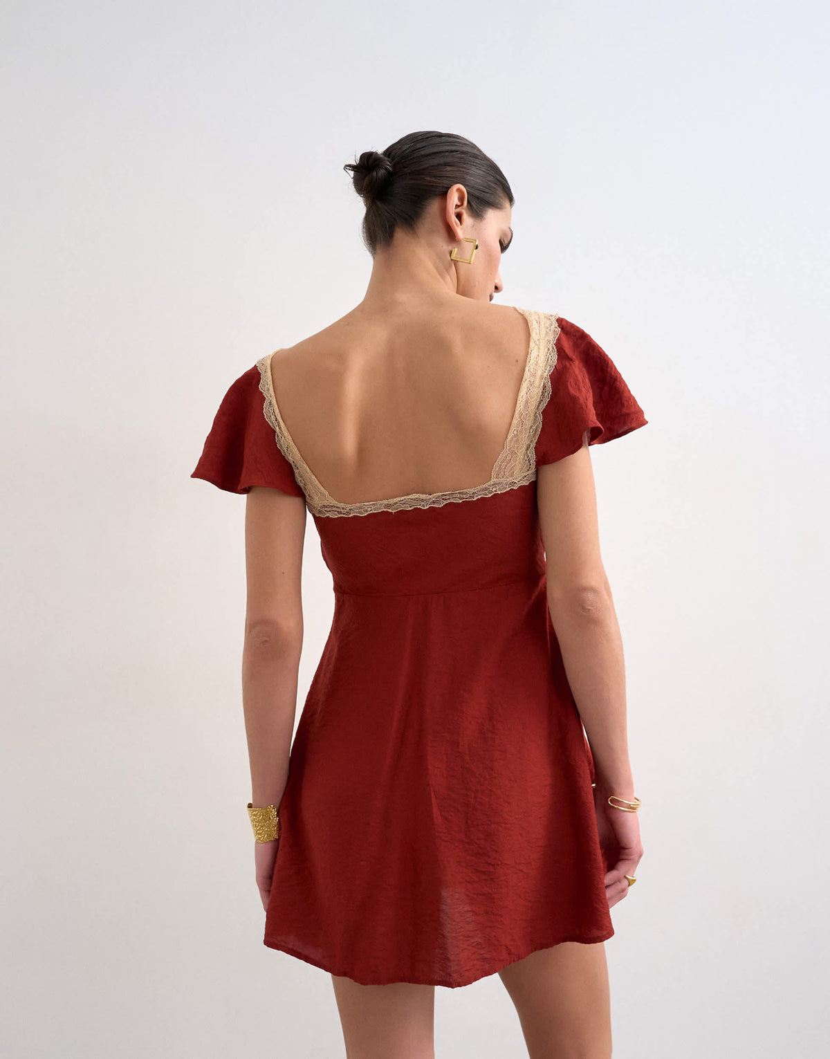 Topshop flutter sleeve mini tea dress with lace inserts in rust