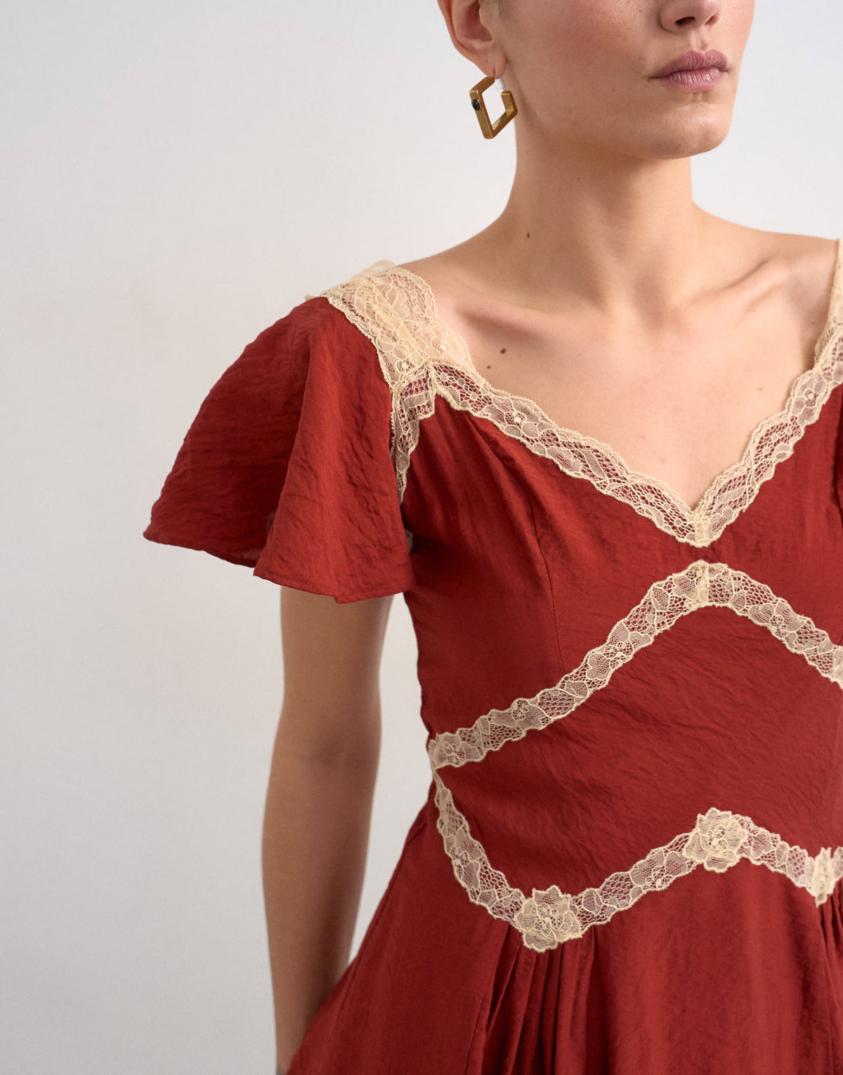 Topshop flutter sleeve mini tea dress with lace inserts in rust