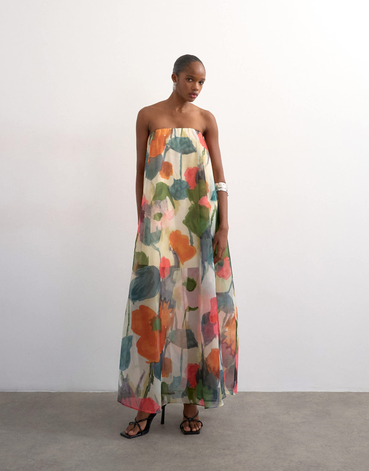 Topshop organza layered bandeau maxi dress in blurred floral print