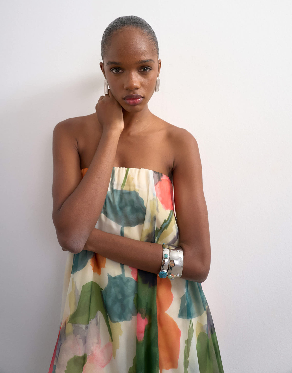 Topshop organza layered bandeau maxi dress in blurred floral print
