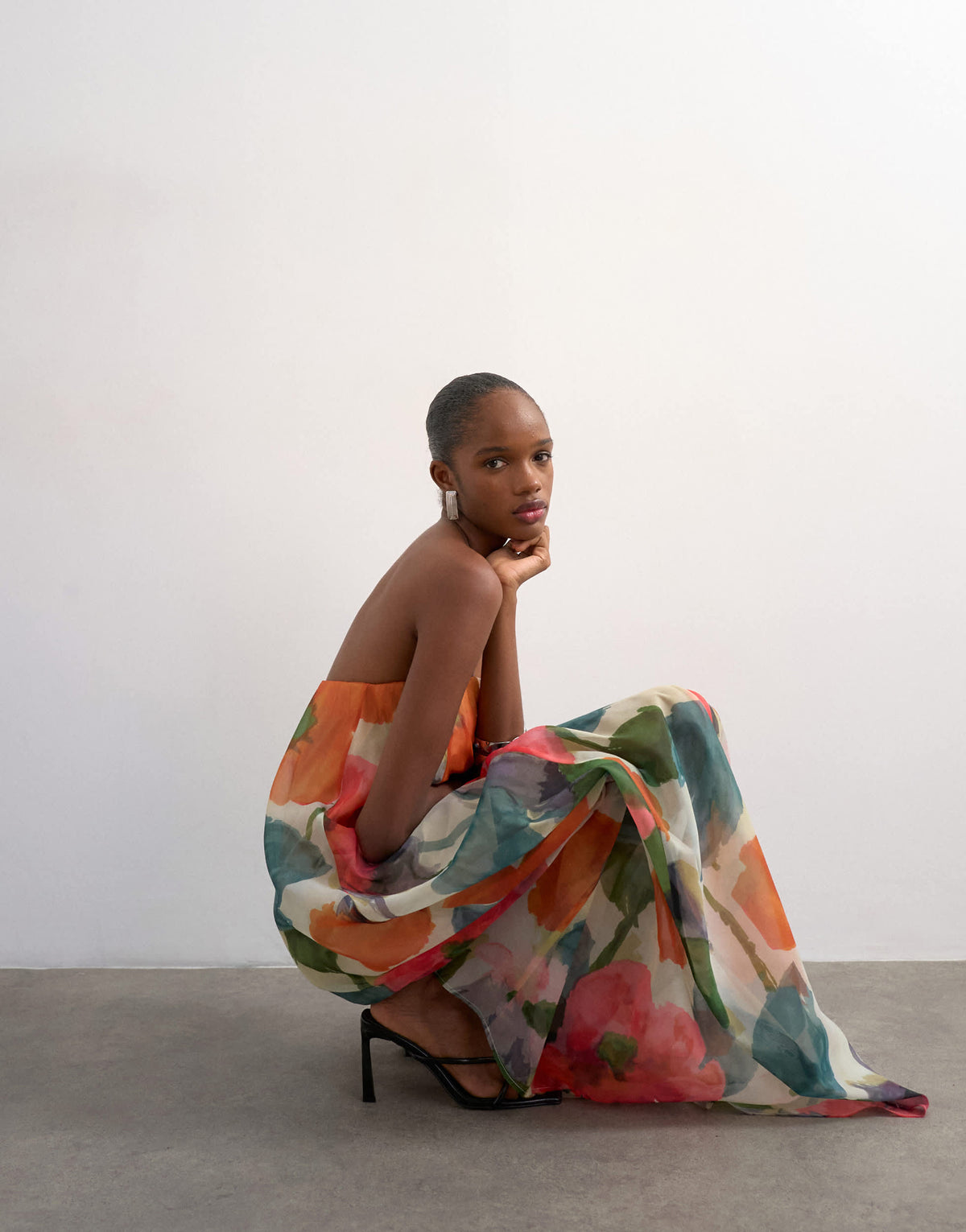 Topshop organza layered bandeau maxi dress in blurred floral print