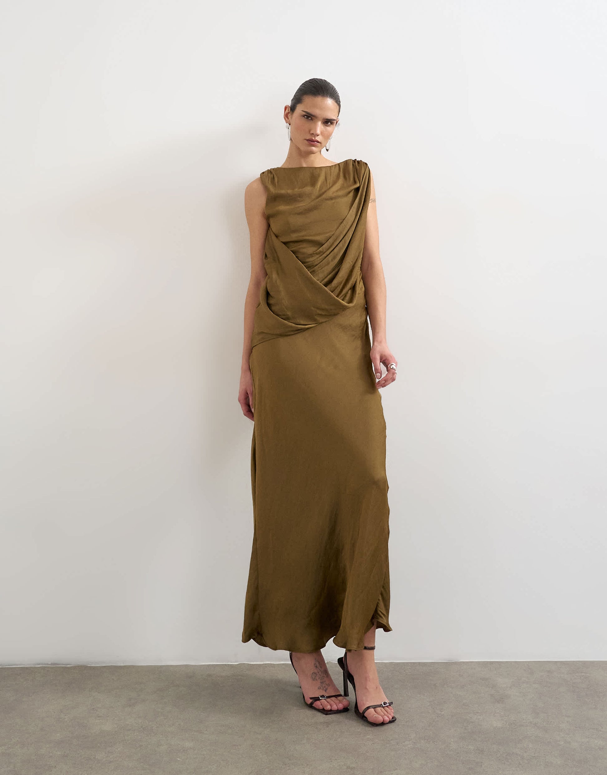 Topshop satin slash neck draped cowl front maxi in olive