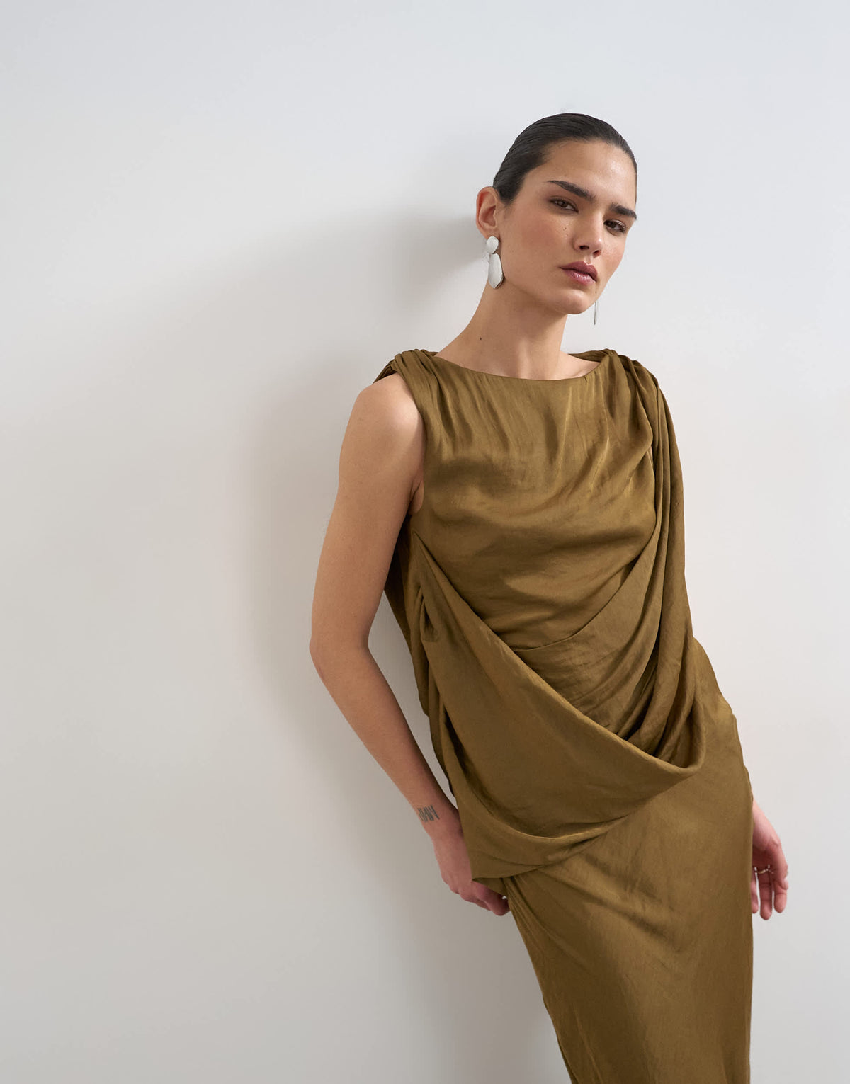 Topshop satin slash neck draped cowl front maxi in olive