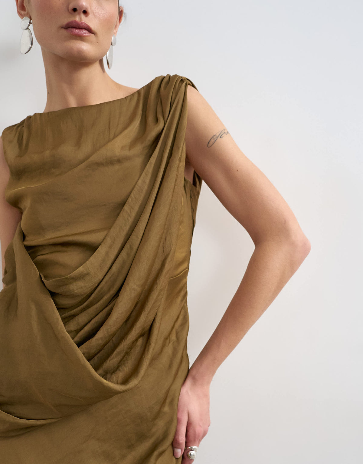 Topshop satin slash neck draped cowl front maxi in olive