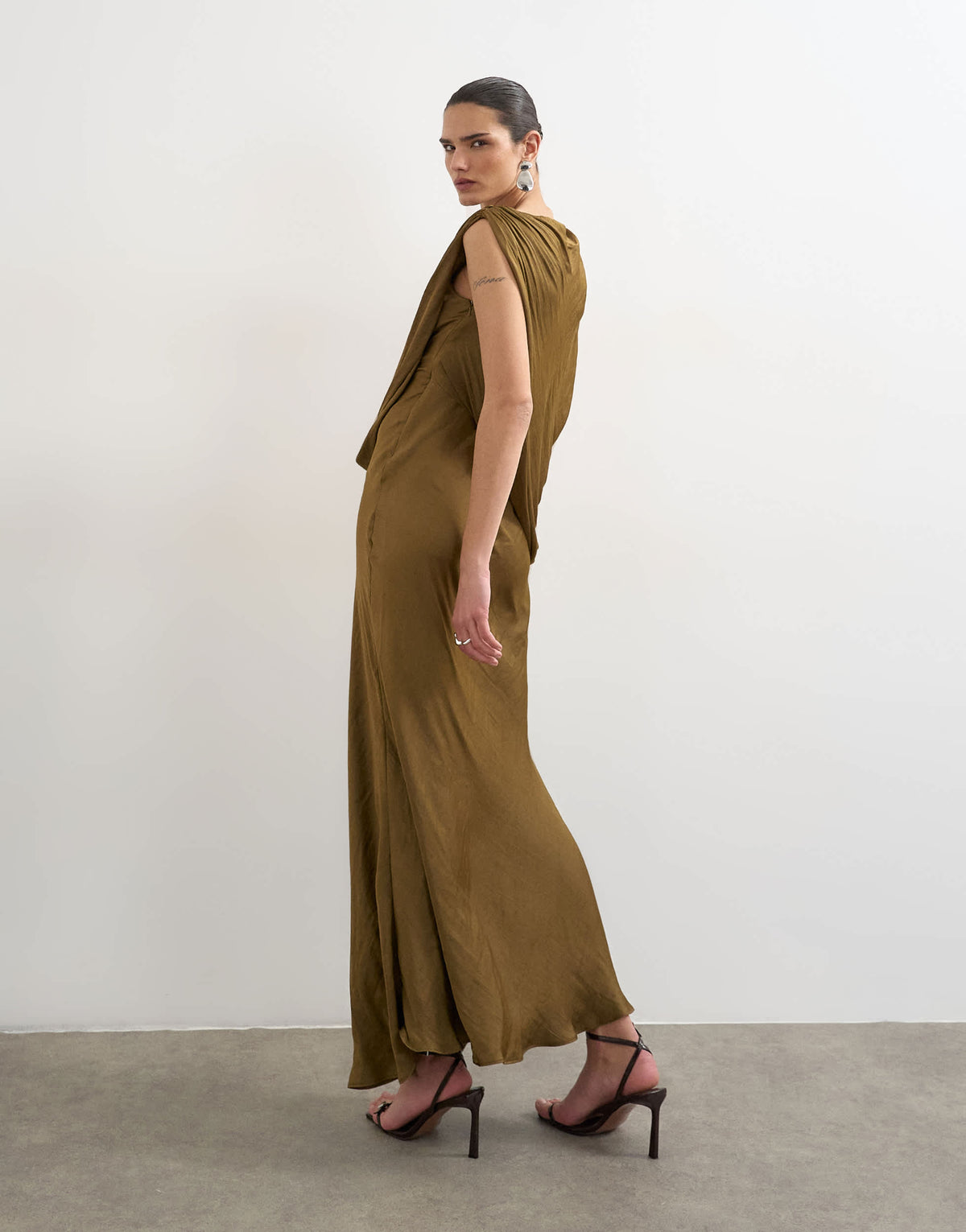 Topshop satin slash neck draped cowl front maxi in olive