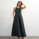 Topshop open back buckle strap maxi sundress with contrast topstitching in black