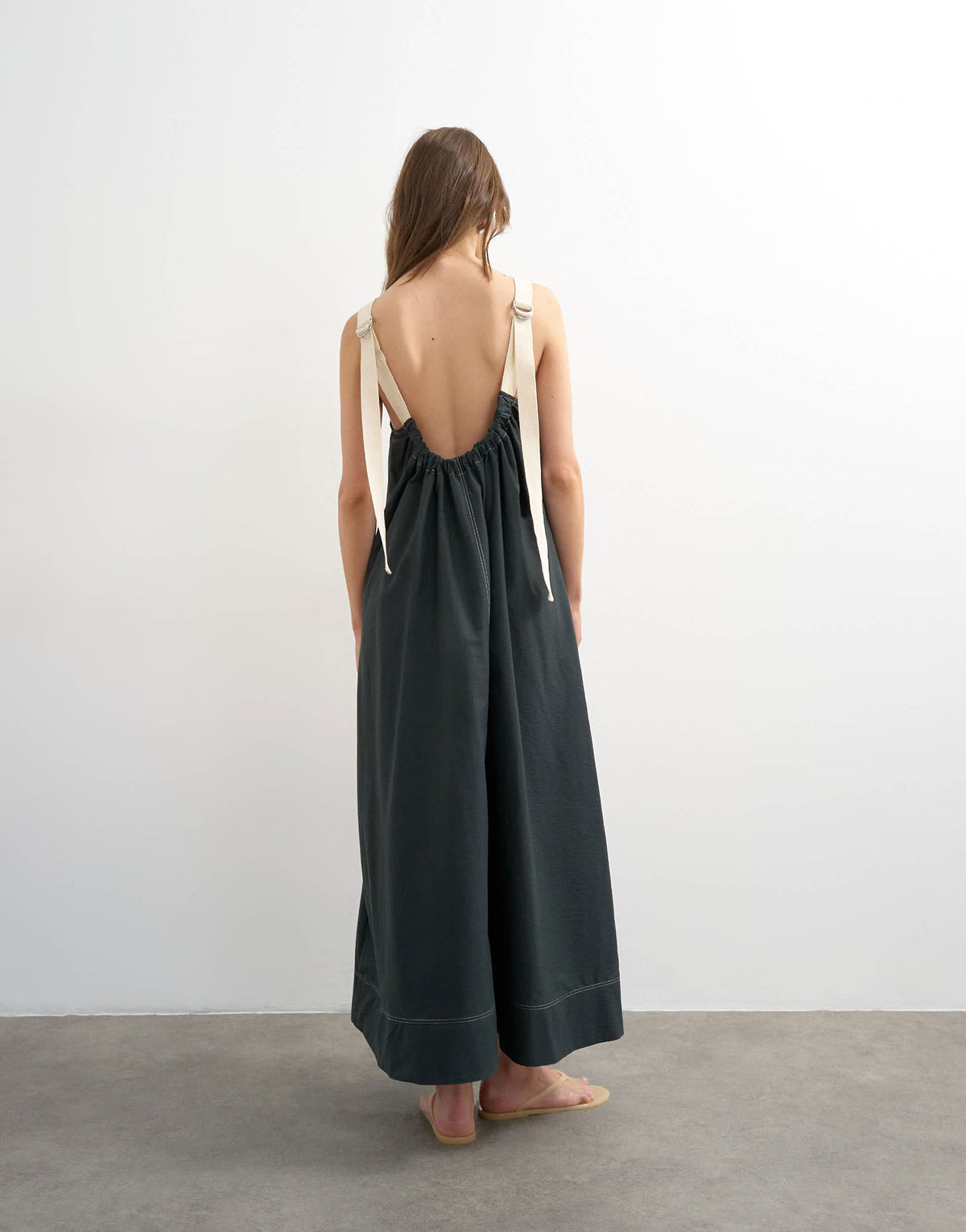 Topshop open back buckle strap maxi sundress with contrast topstitching in black