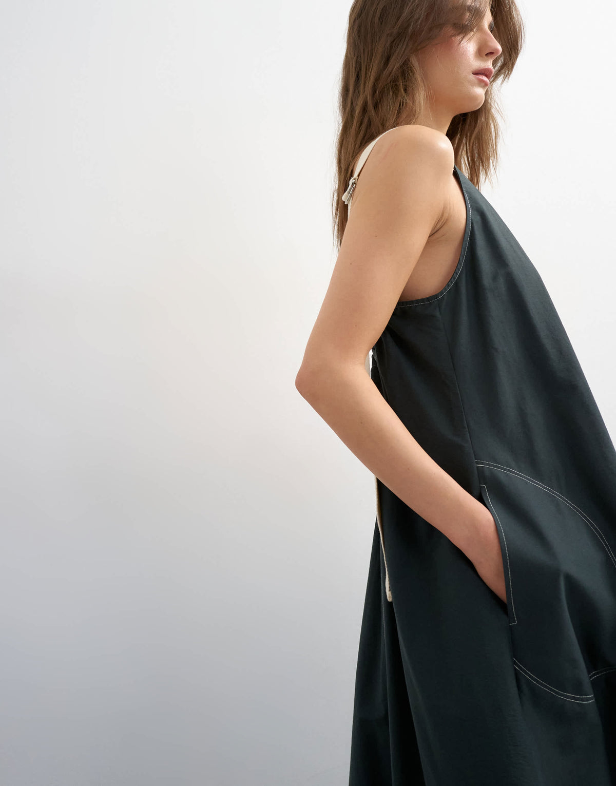 Topshop open back buckle strap maxi sundress with contrast topstitching in black