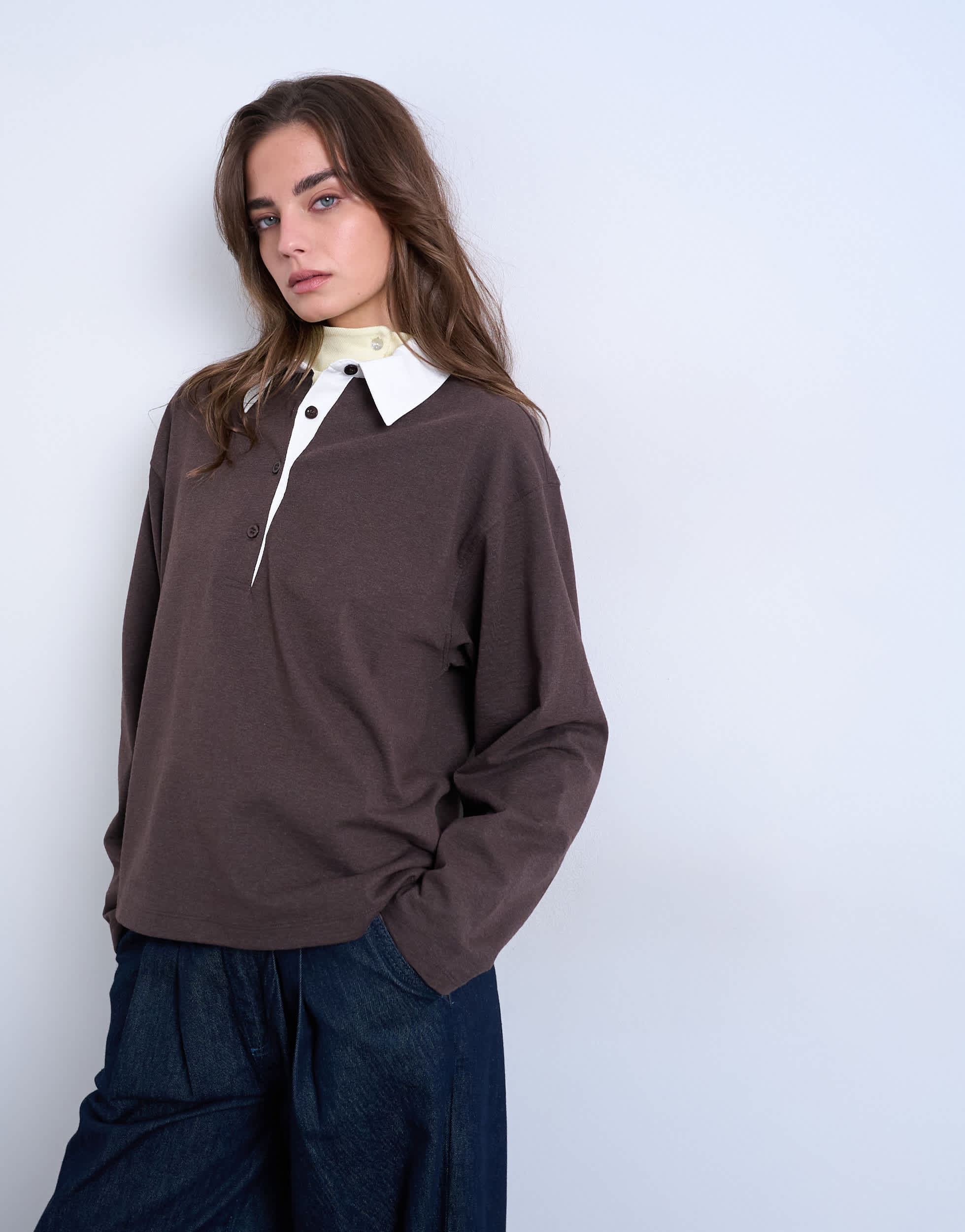 Topshop rugby long sleeve polo top in chocolate