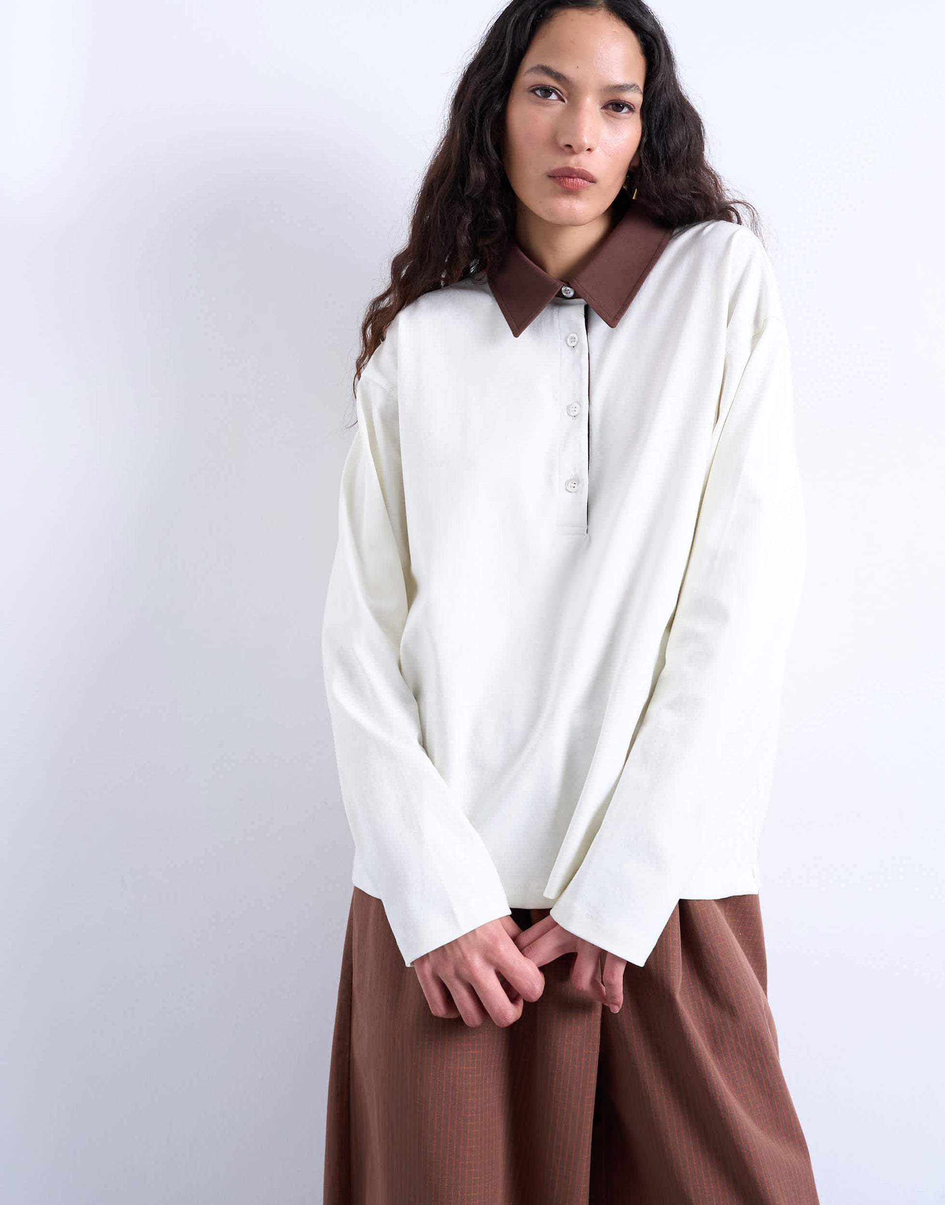 Topshop rugby long sleeve polo top in ecru