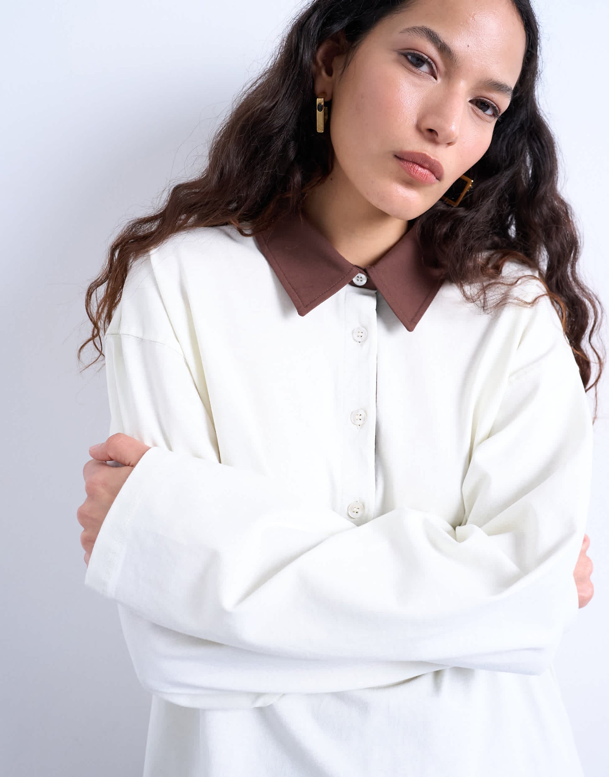 Topshop rugby long sleeve polo top in ecru