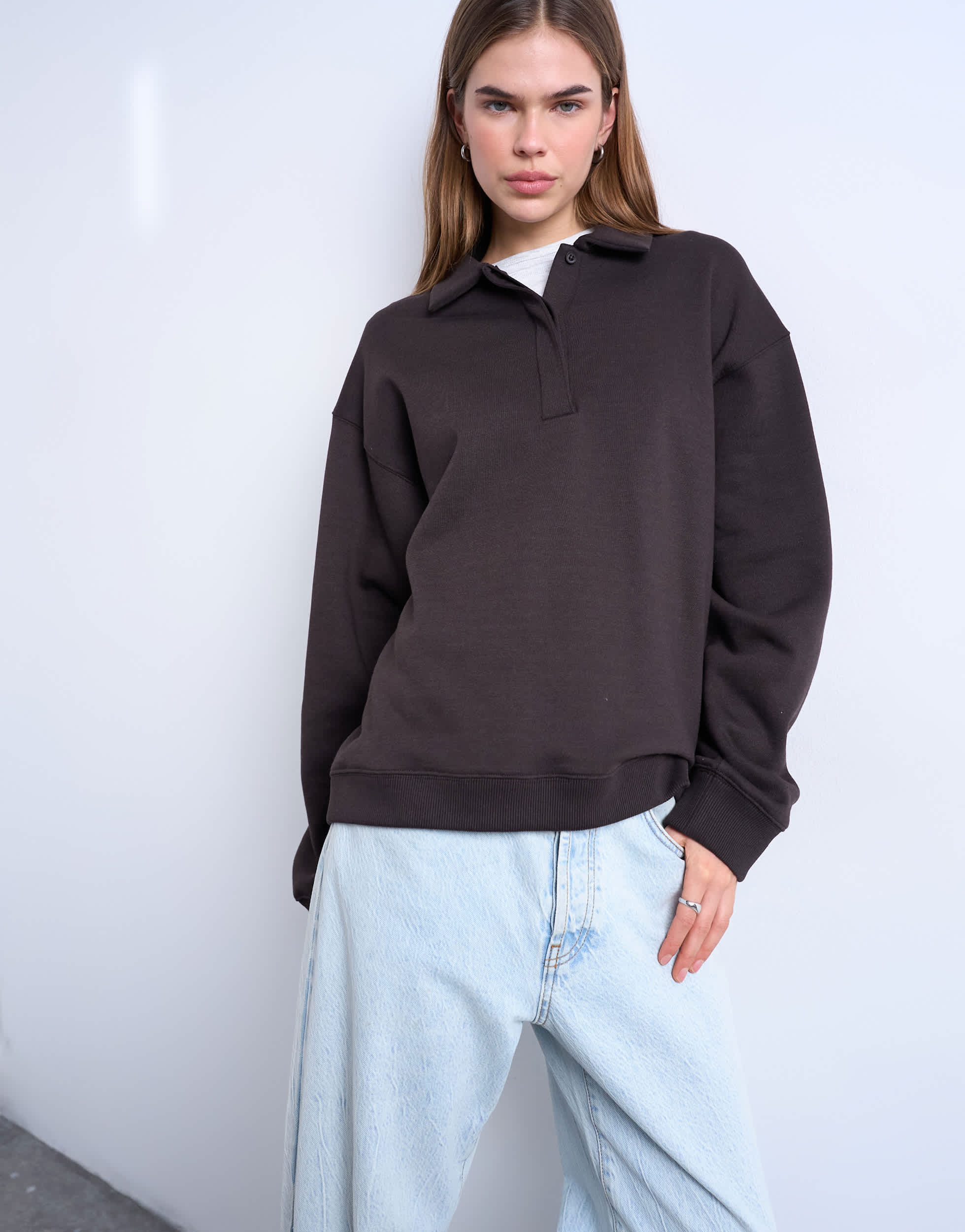 Topshop Polo-Sweatshirt in dunkler Schokolade