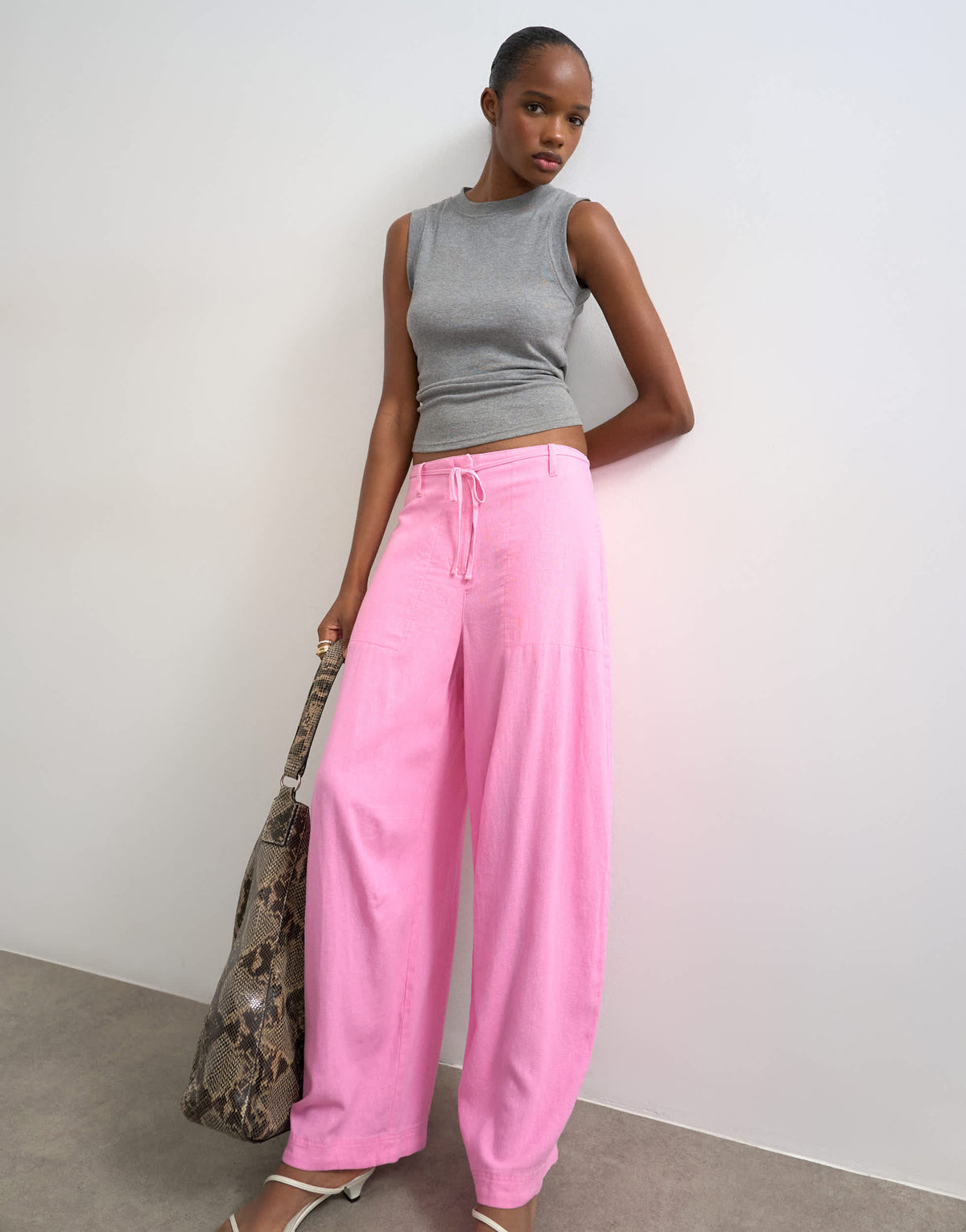 Topshop linen clean tie waist barrel trouser in pink