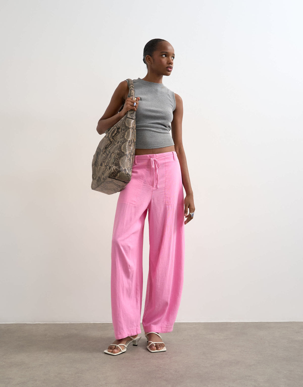 Topshop linen clean tie waist barrel trouser in pink